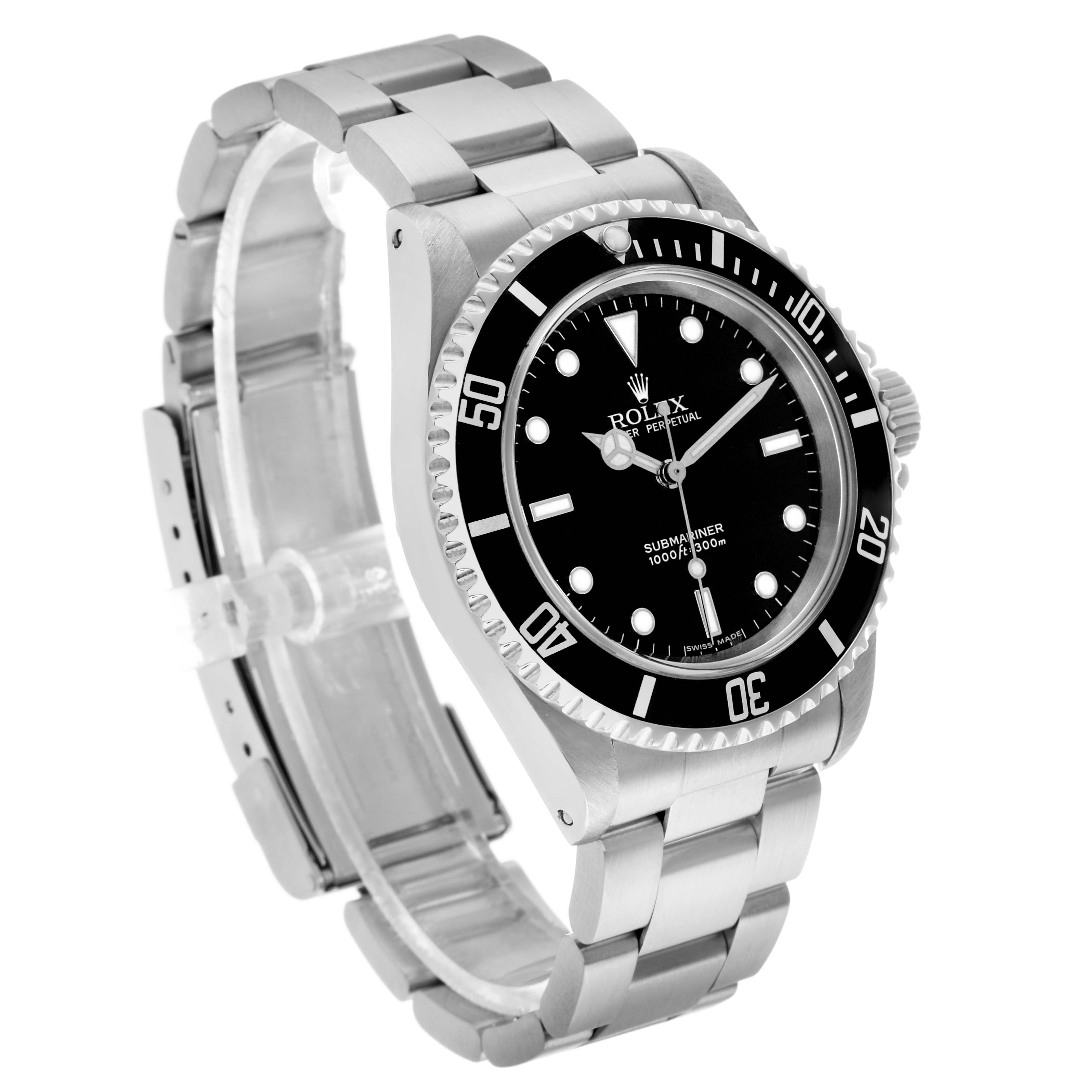 The Rolex Submariner 14060 Men's Stainless Steel Black Dial is shown at an angled side view, displaying the watch face, bezel, bracelet, and crown.