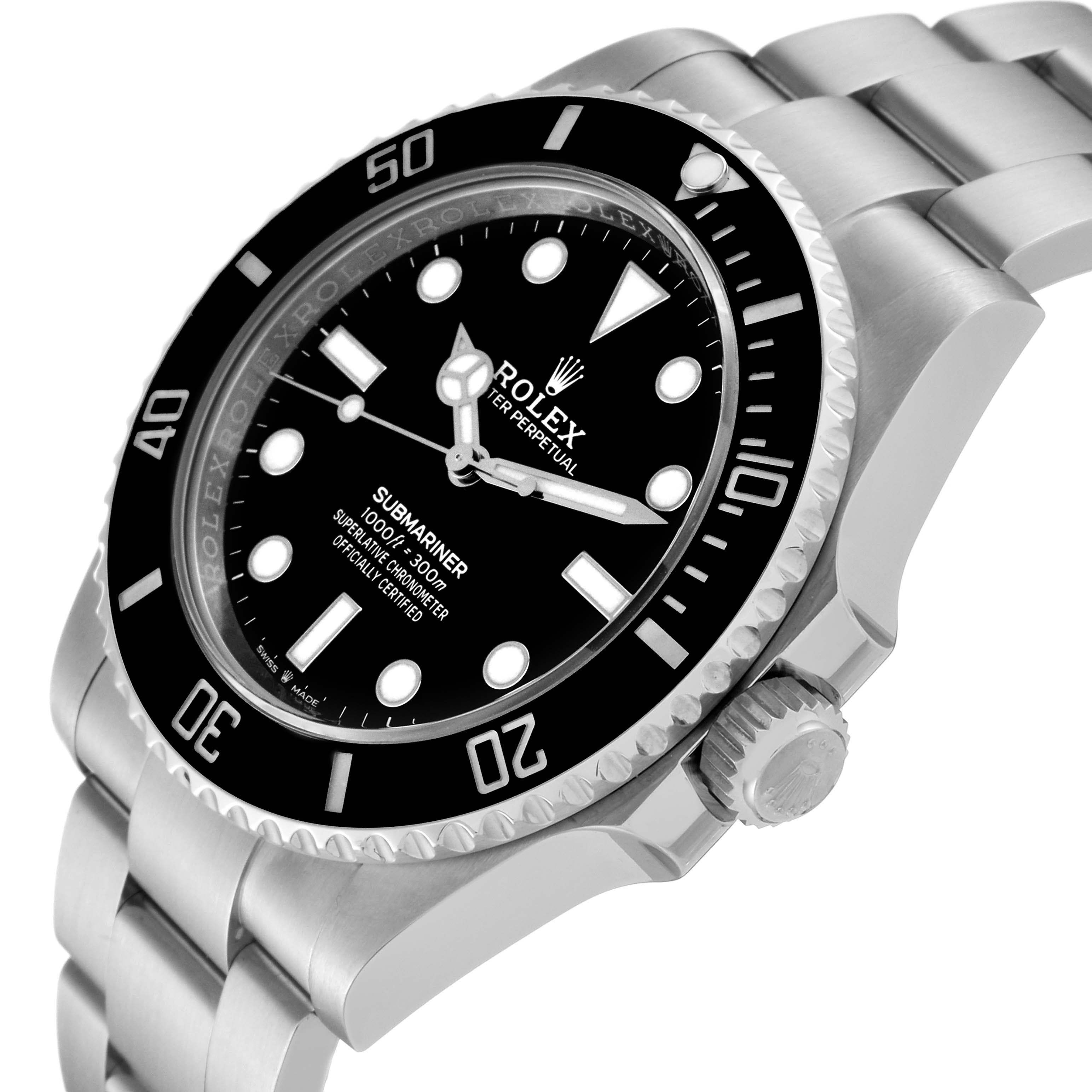 The image shows a side angle view of the Rolex Submariner 124060 Men
s Stainless Steel Black Dial 124060 Men
s Stainless Steel Black Dial watch, highlighting the face, bezel, crown, and part of the bracelet.