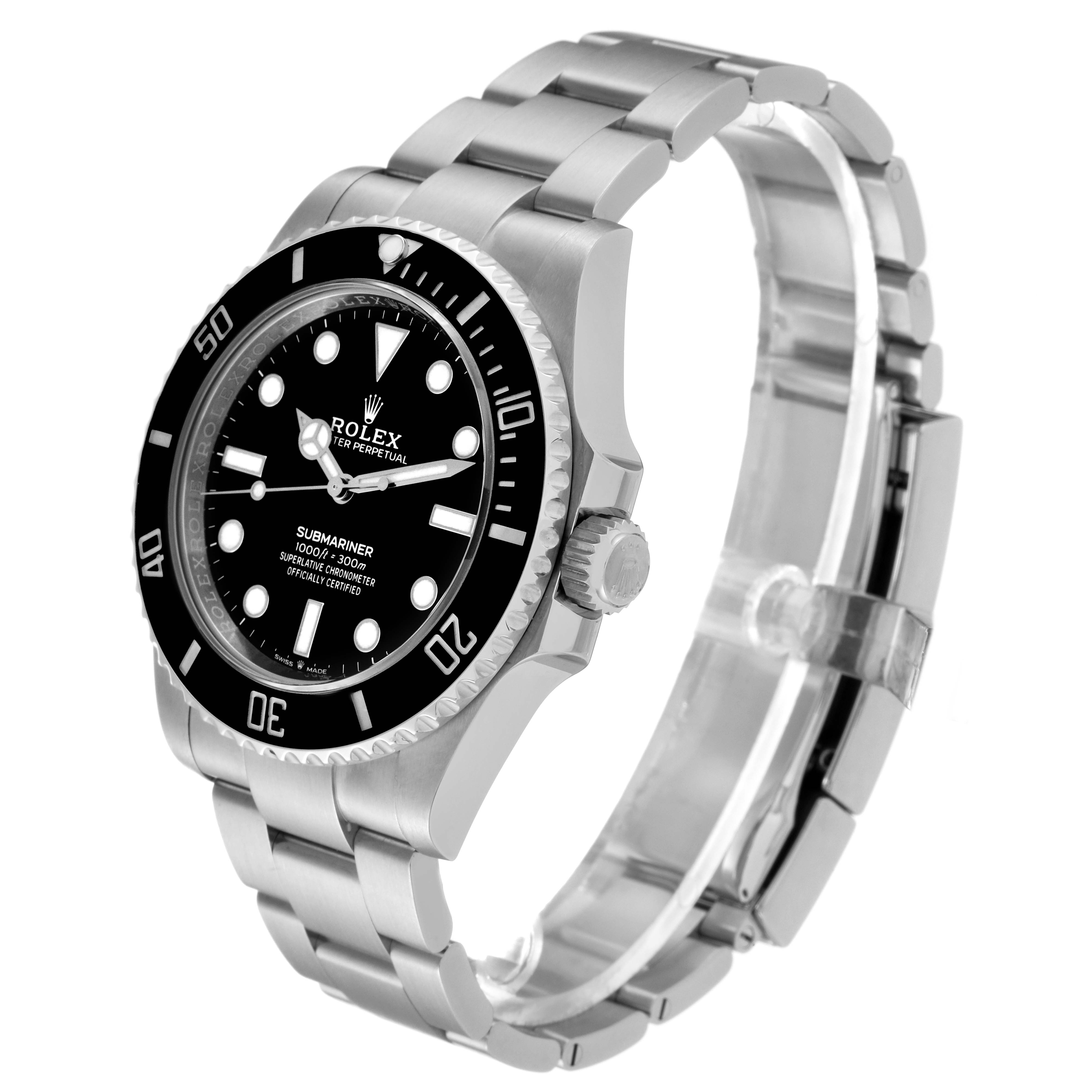 The image shows a Rolex Submariner 124060 Men
s Stainless Steel Black Dial 124060 Men
s Stainless Steel Black Dial model at an angled side view, displaying the watch face, bezel, crown, and bracelet.