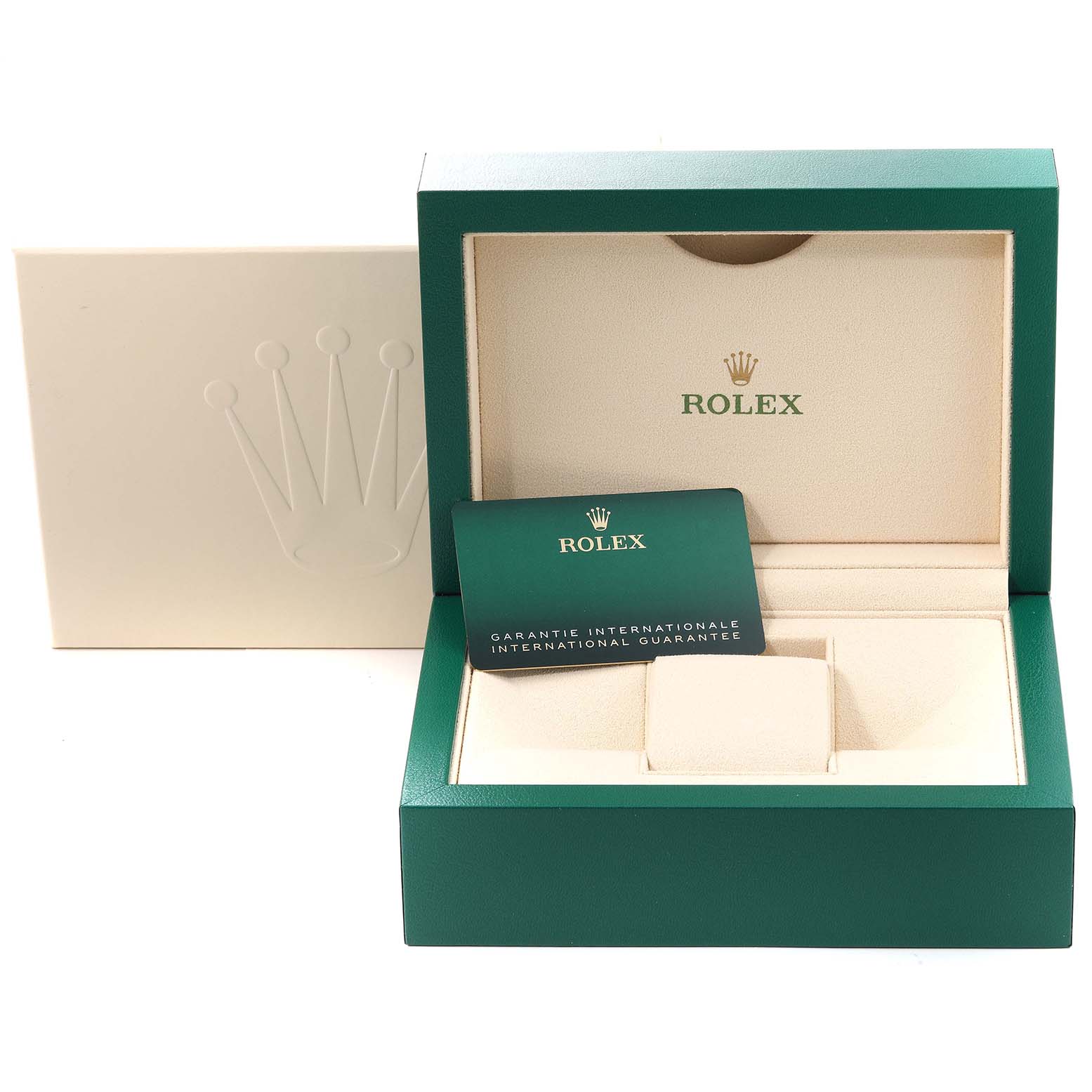 The image shows the packaging and international guarantee card for a Rolex Submariner 124060 Men
s Stainless Steel Black Dial 124060 Men
s Stainless Steel Black Dial watch, with the box open.