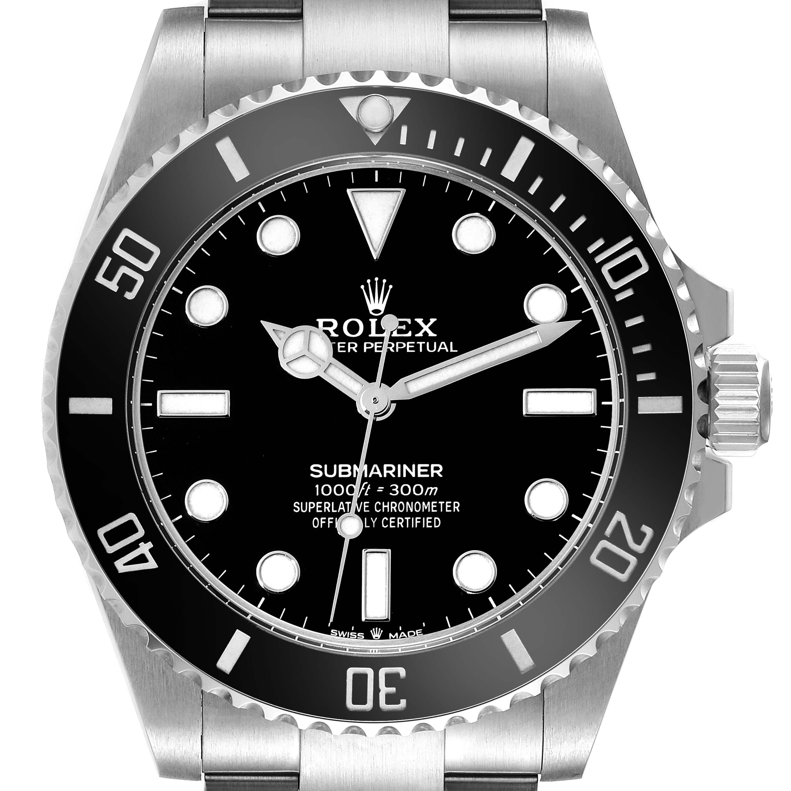 The image shows a front view of the Rolex Submariner 124060 Men
s Stainless Steel Black Dial 124060 Men
s Stainless Steel Black Dial watch, displaying the dial, bezel, and part of the stainless steel bracelet.