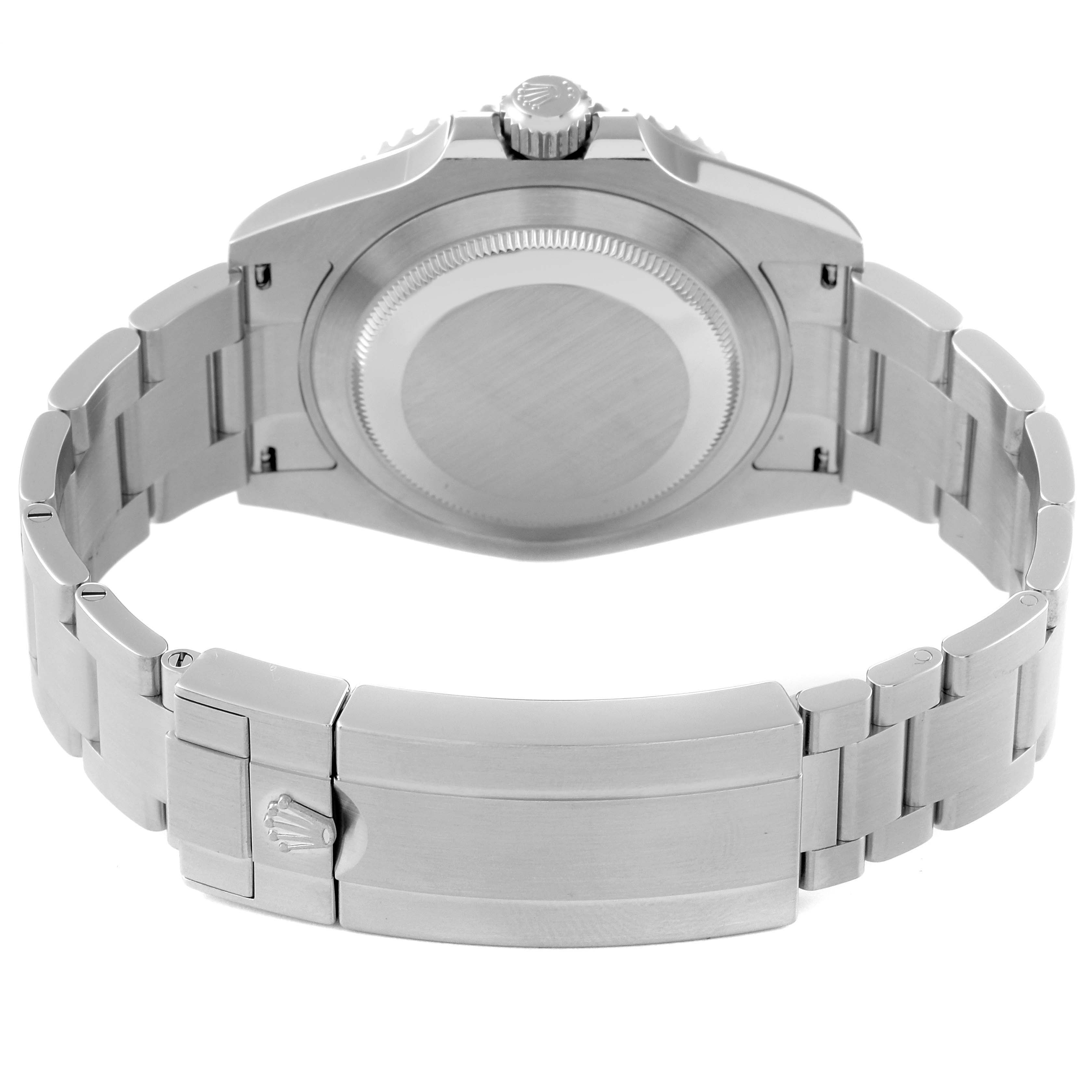 This image shows the back view of a Rolex Submariner 124060 Men
s Stainless Steel Black Dial 124060 Men
s Stainless Steel Black Dial watch, highlighting the case back and bracelet with the clasp.