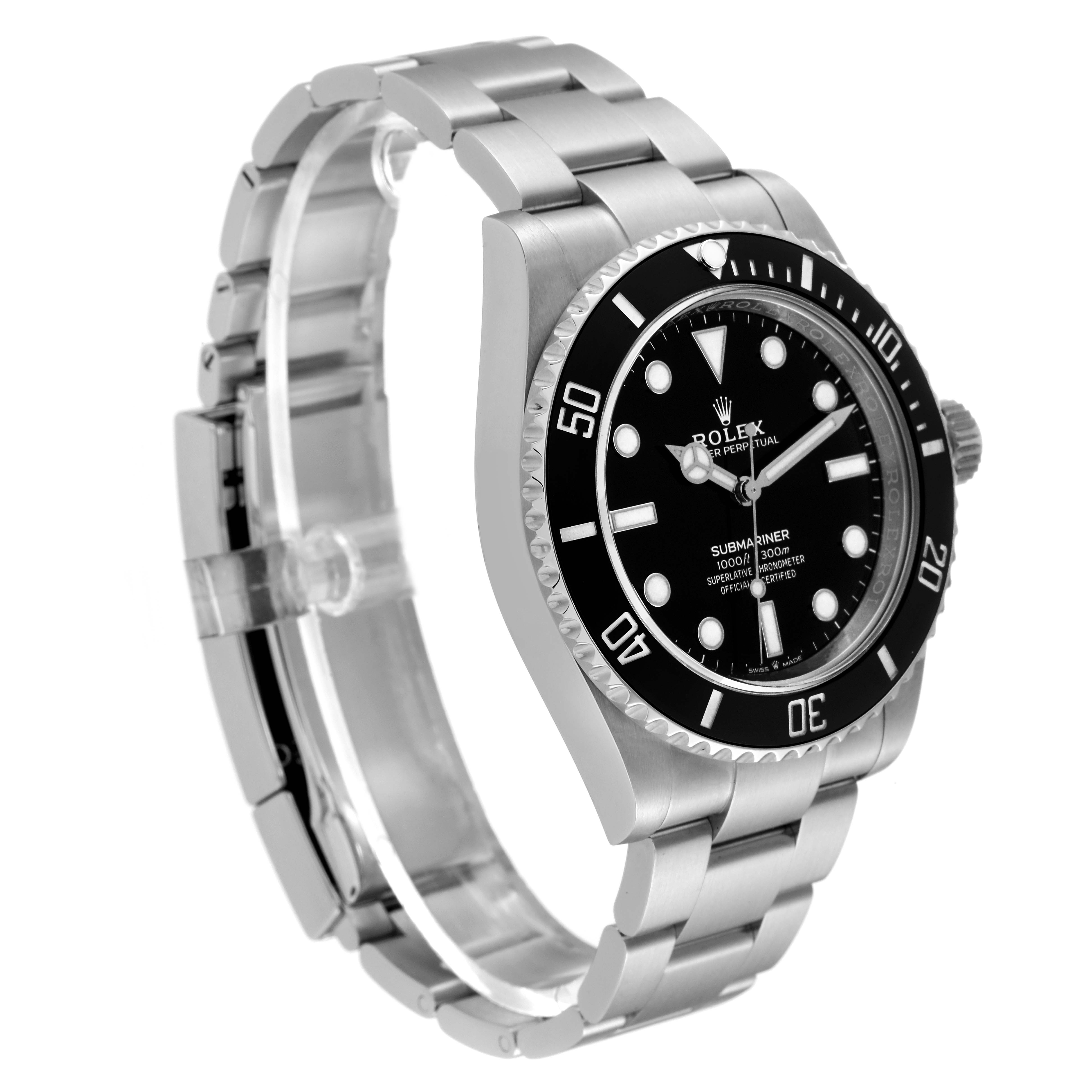 The image shows a Rolex Submariner 124060 Men
s Stainless Steel Black Dial 124060 Men
s Stainless Steel Black Dial watch at a 3/4 angle, highlighting its face, bezel, case, and metal bracelet.