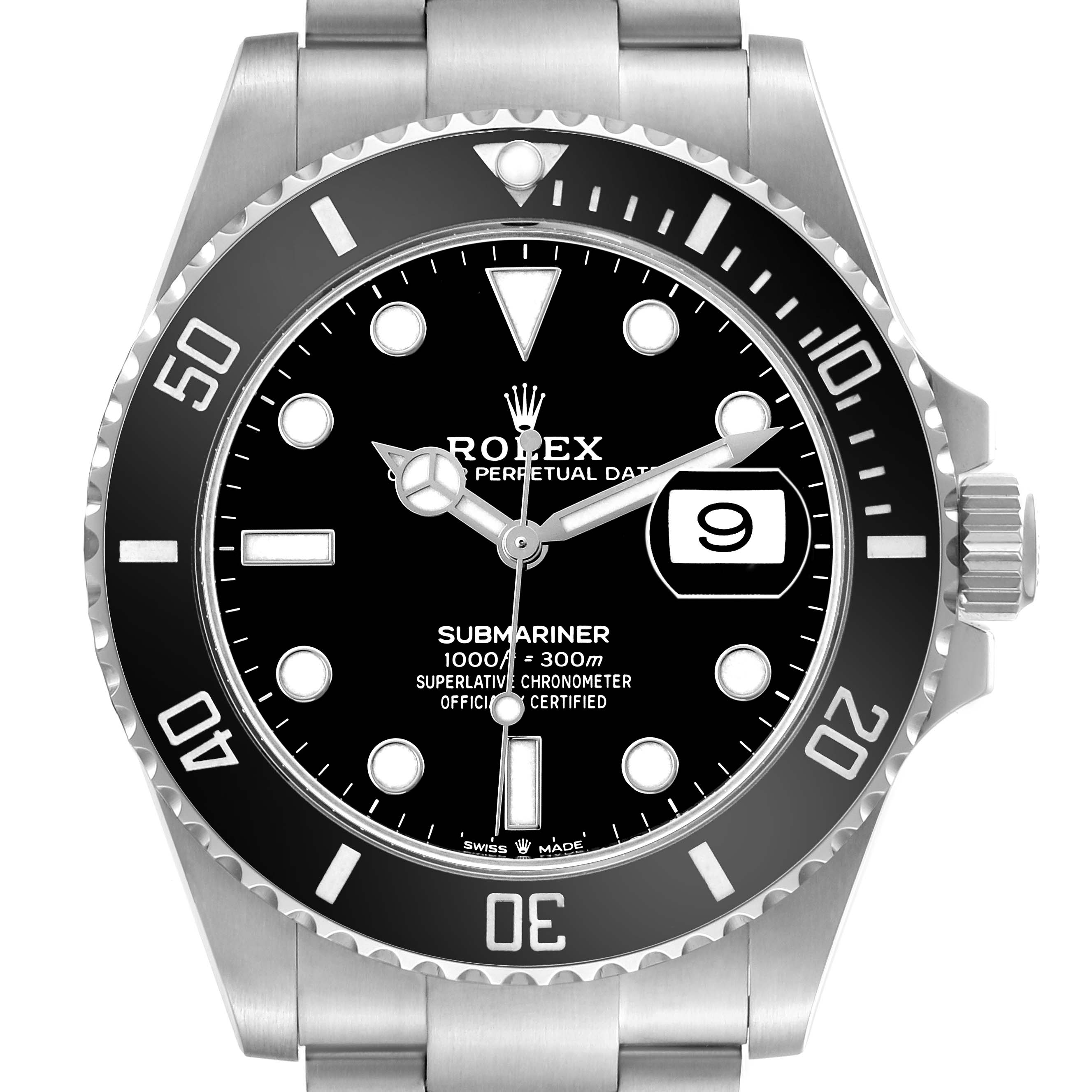 The Rolex Submariner 126610LN Men's Stainless Steel Black Dial watch is shown from a straight-on angle, highlighting the dial, bezel, and bracelet links.
