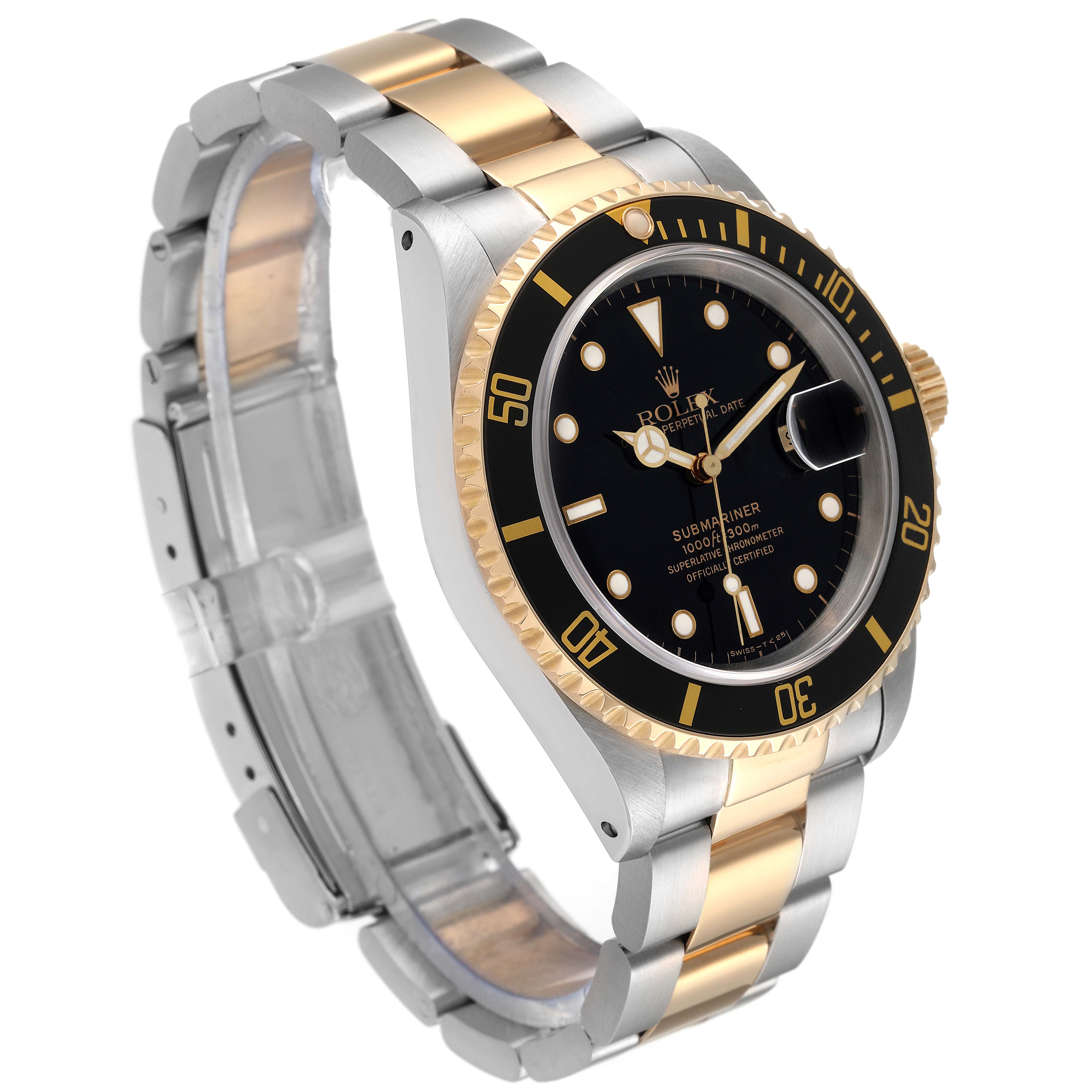 The Rolex Submariner 16613 Men
s Stainless Steel Black Dial 16613 Men
s Stainless Steel Black Dial is shown from a 3/4 angle, highlighting the watch face, bezel, and two-tone bracelet.