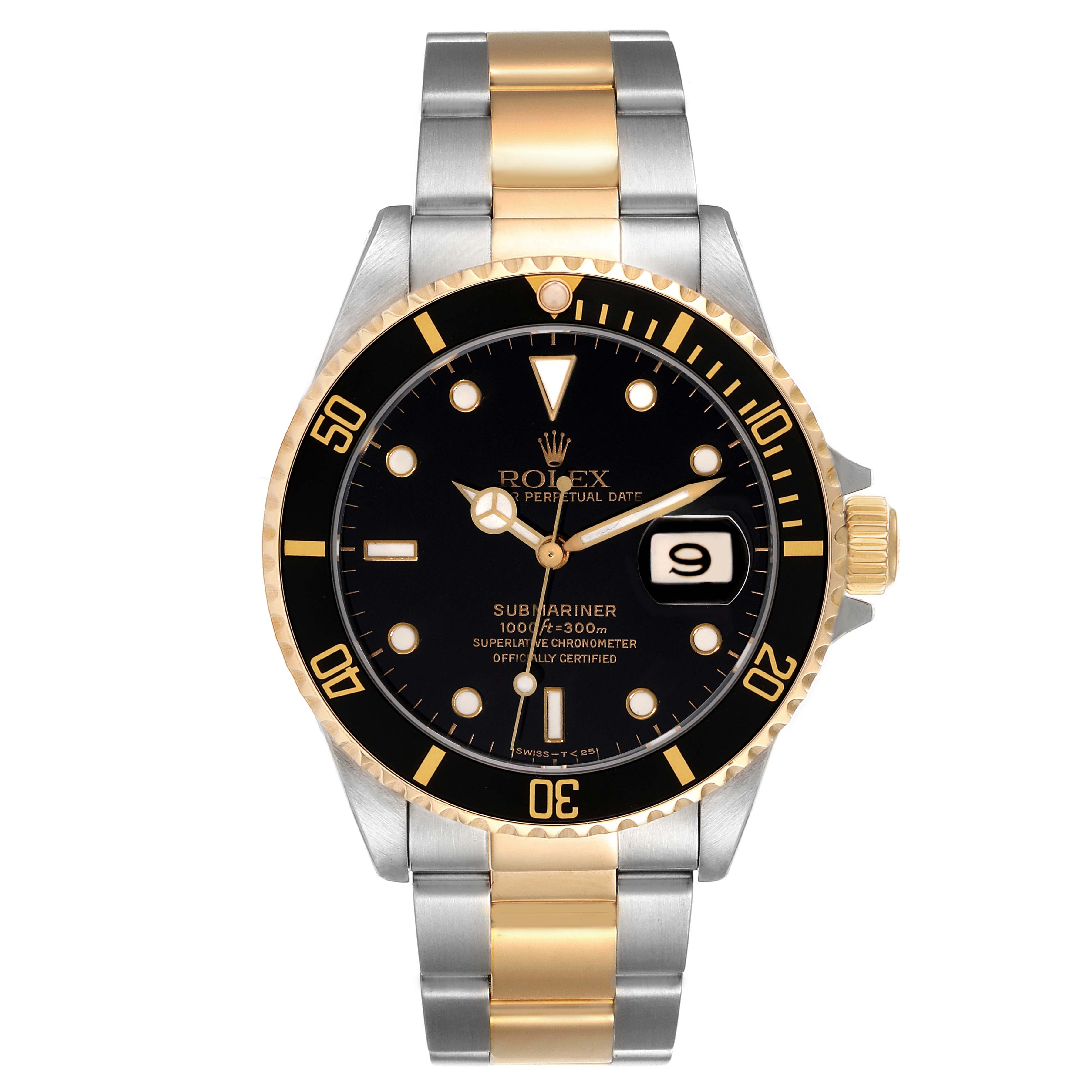 The image shows a front view of the Rolex Submariner 16613 Men
s Stainless Steel Black Dial 16613 Men
s Stainless Steel Black Dial, featuring its dial, bezel, case, and two-tone metal bracelet.