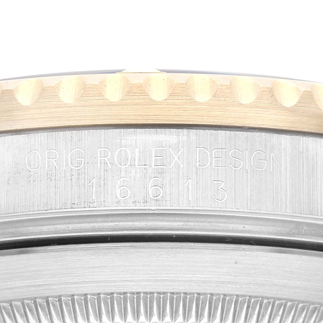 This close-up image shows the case with engraved model number of the Submariner watch by Rolex.