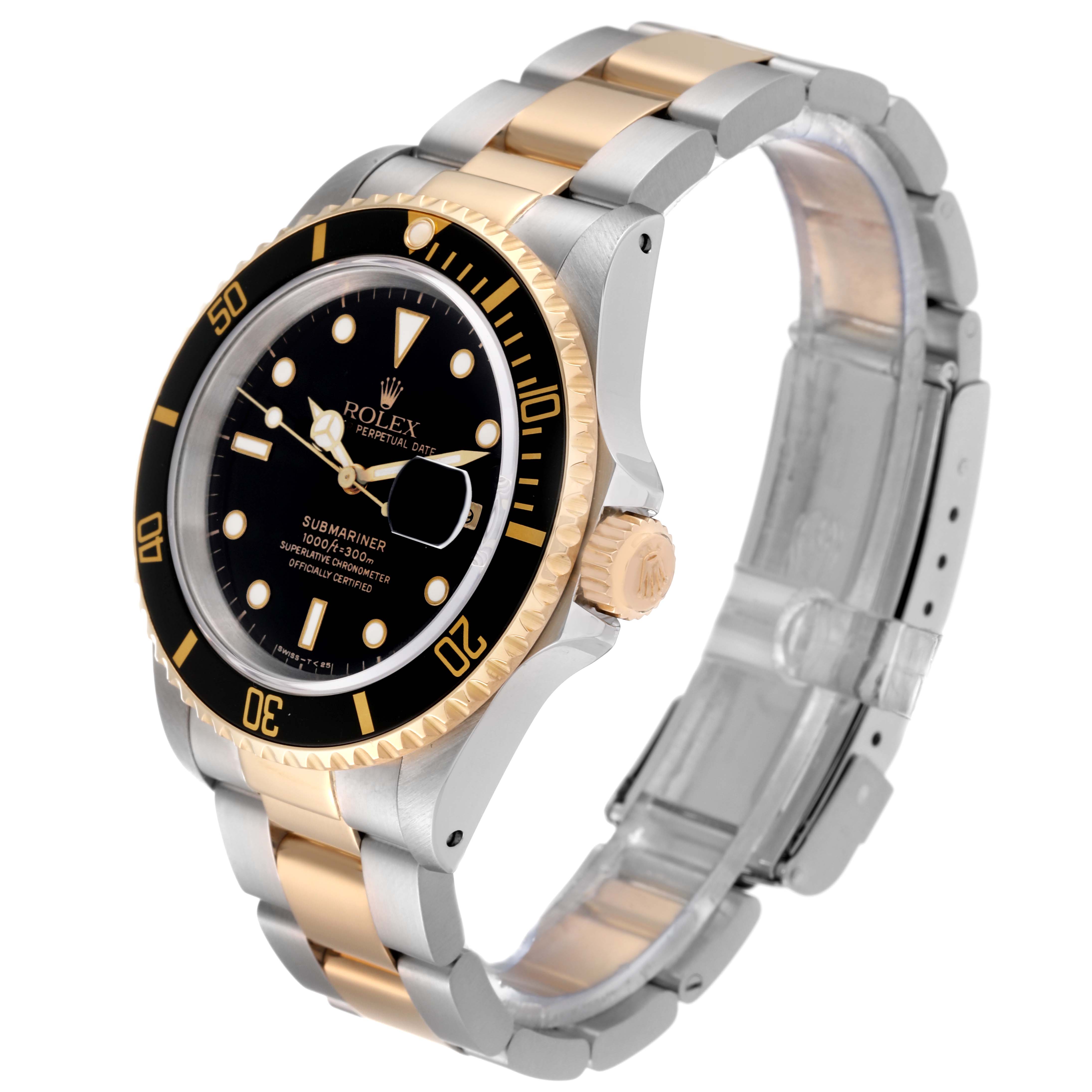 The Rolex Submariner 16613 Men
s Stainless Steel Black Dial 16613 Men
s Stainless Steel Black Dial is shown at a three-quarter angle, highlighting its black dial, bezel, and two-tone metal bracelet.