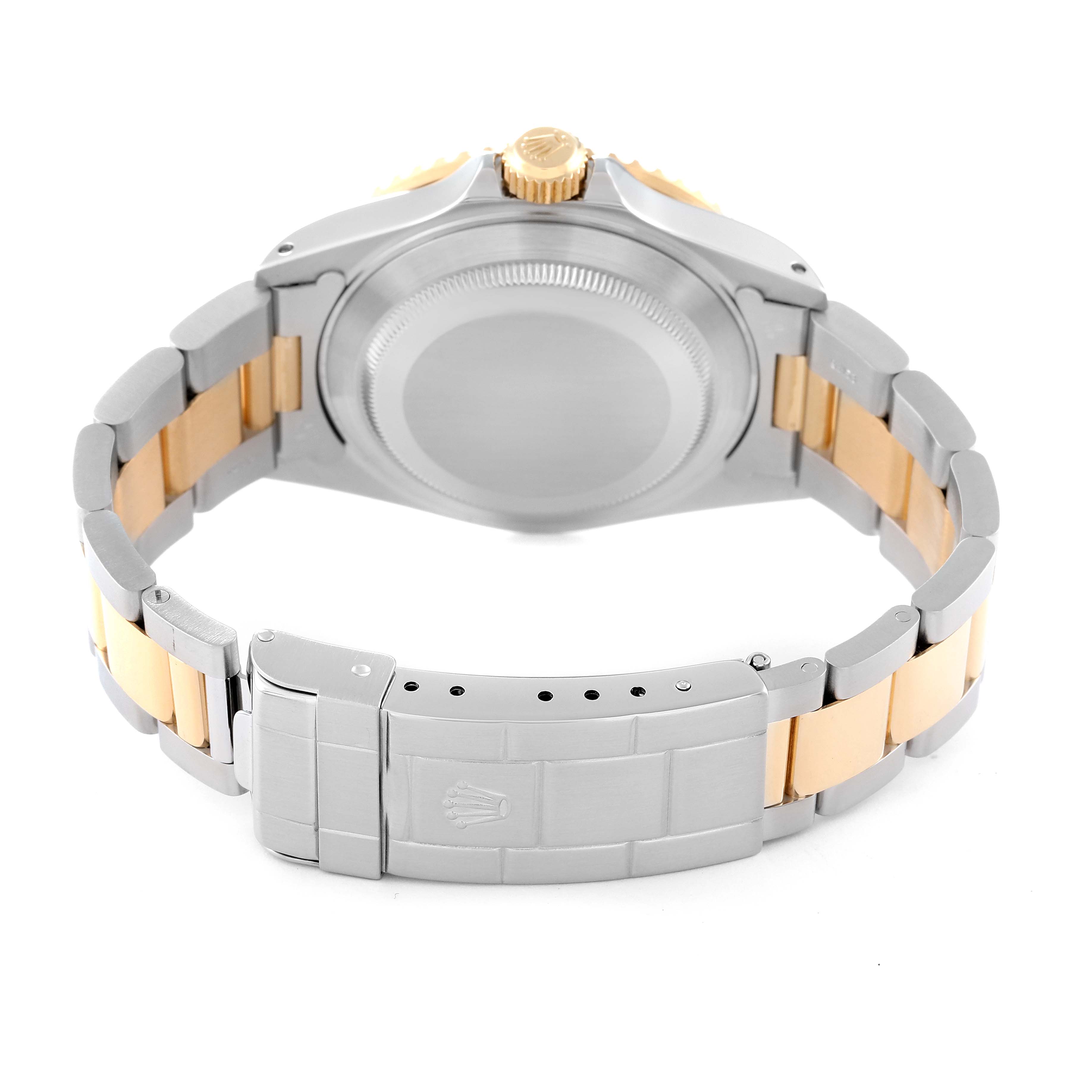 The image shows the back view of a Rolex Submariner 16613 Men
s Stainless Steel Black Dial 16613 Men
s Stainless Steel Black Dial watch, displaying its two-tone bracelet, clasp, and case back.