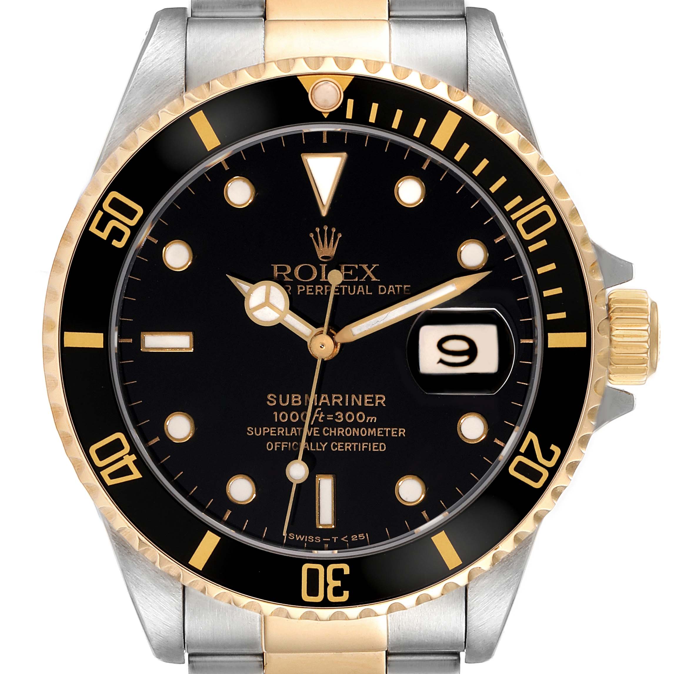 The image shows a front view of a Rolex Submariner 16613 Men
s Stainless Steel Black Dial 16613 Men
s Stainless Steel Black Dial watch displaying its black dial, gold accents, and date window.