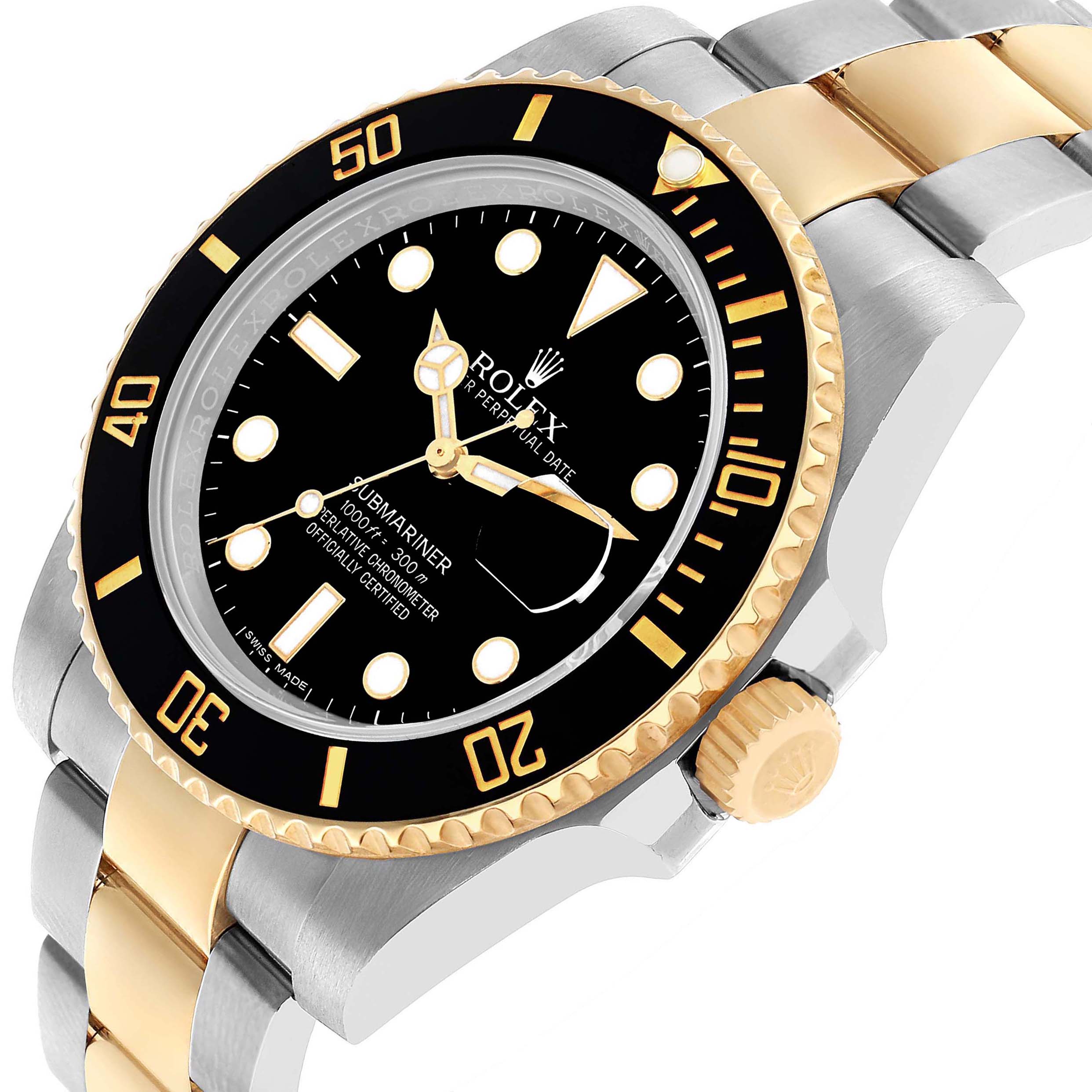 The Rolex Submariner 116613 Men's Steel and Gold (two tone) Black Dial watch is shown at an angled side view, highlighting the bezel, crown, dial, and two-tone bracelet.
