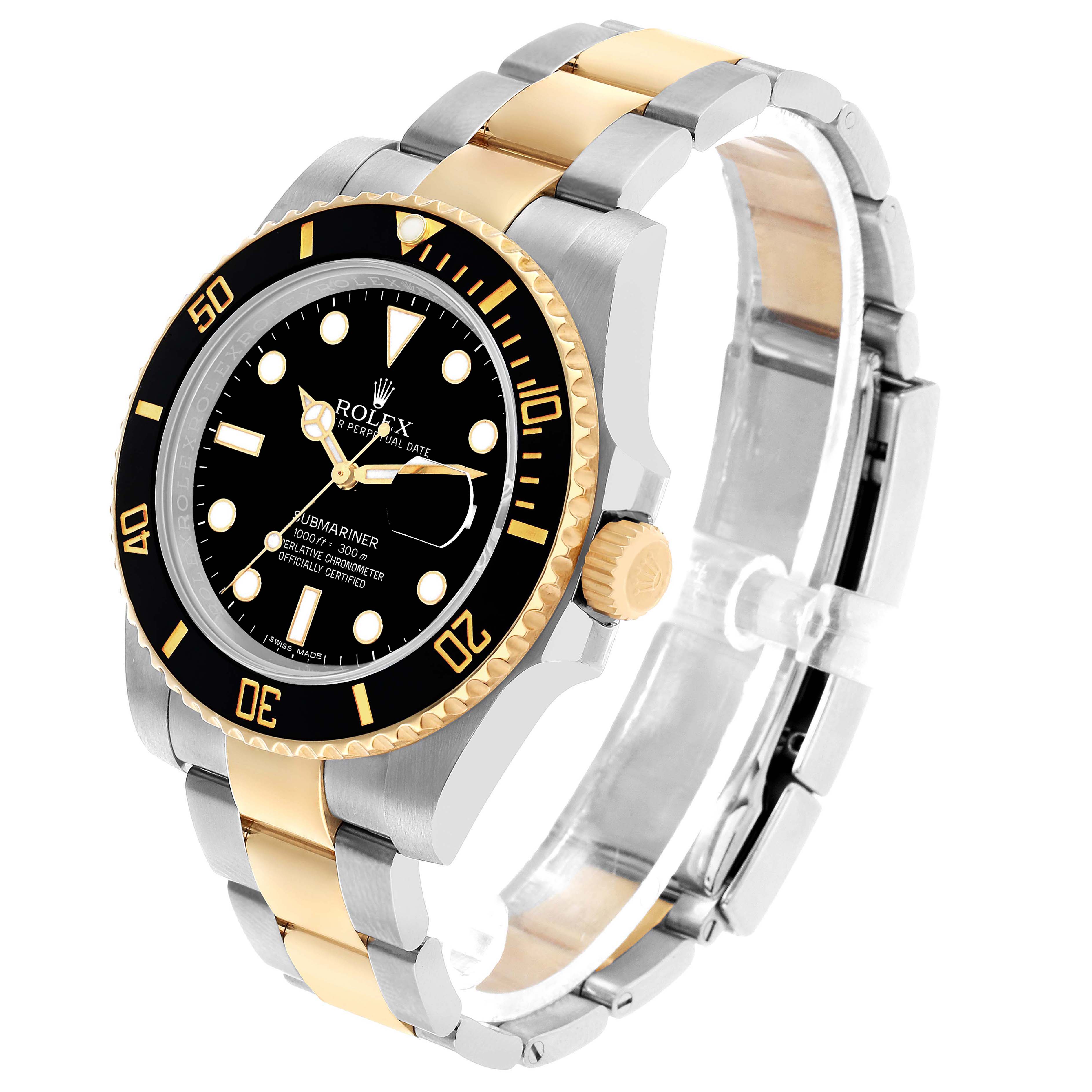 The Rolex Submariner 116613 Men's Steel and Gold (two tone) Black Dial is shown at a 3/4 angle, highlighting the bezel, dial, crown, and bracelet.