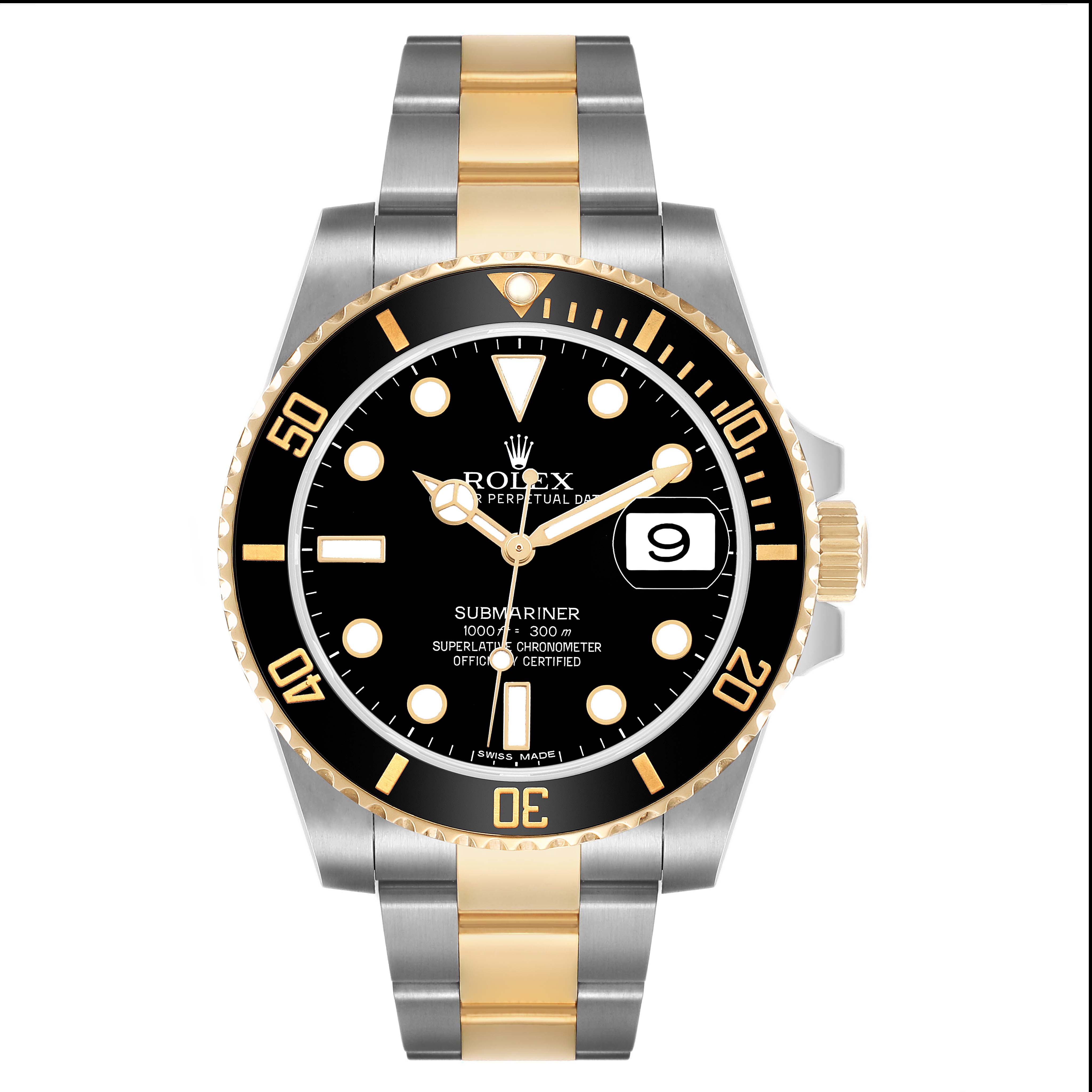 The Rolex Submariner 116613 Men's Steel and Gold (two tone) Black Dial watch is shown from a front angle, highlighting the dial, bezel, and bracelet.