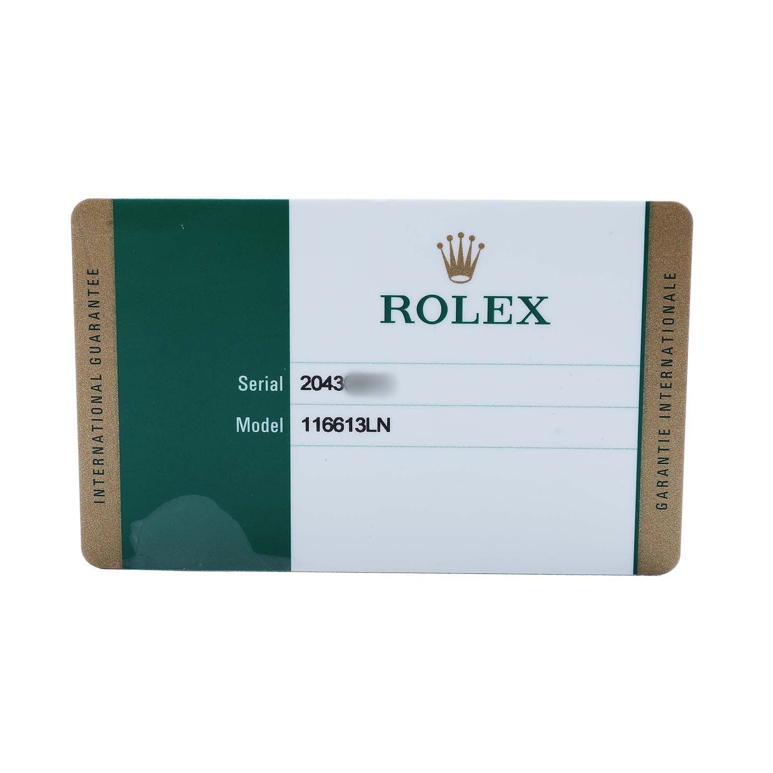 The image shows a Rolex guarantee card for the Submariner model 116613LN.