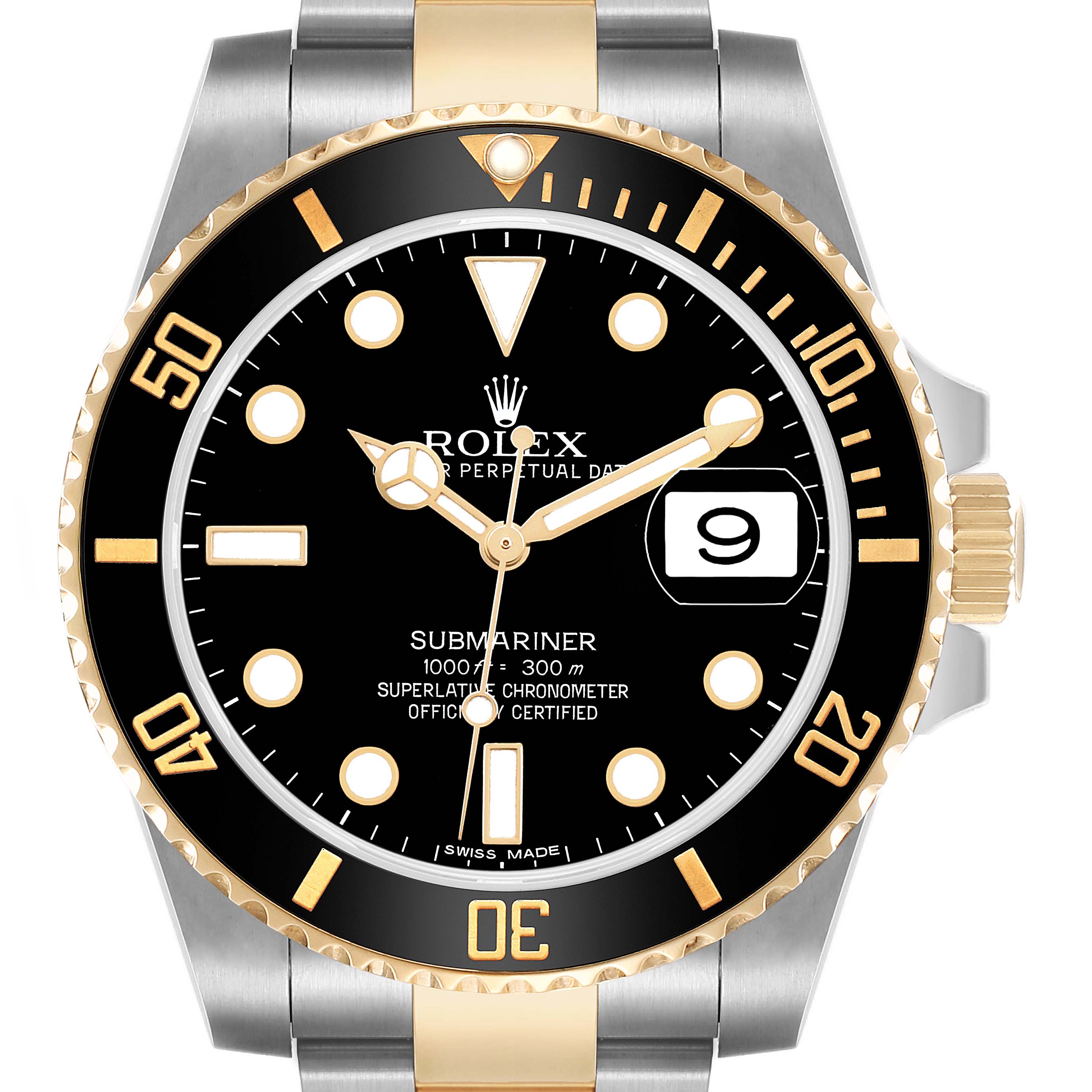 The Rolex Submariner 116613 Men's Steel and Gold (two tone) Black Dial watch is shown from the front, highlighting the bezel, dial, and date window.