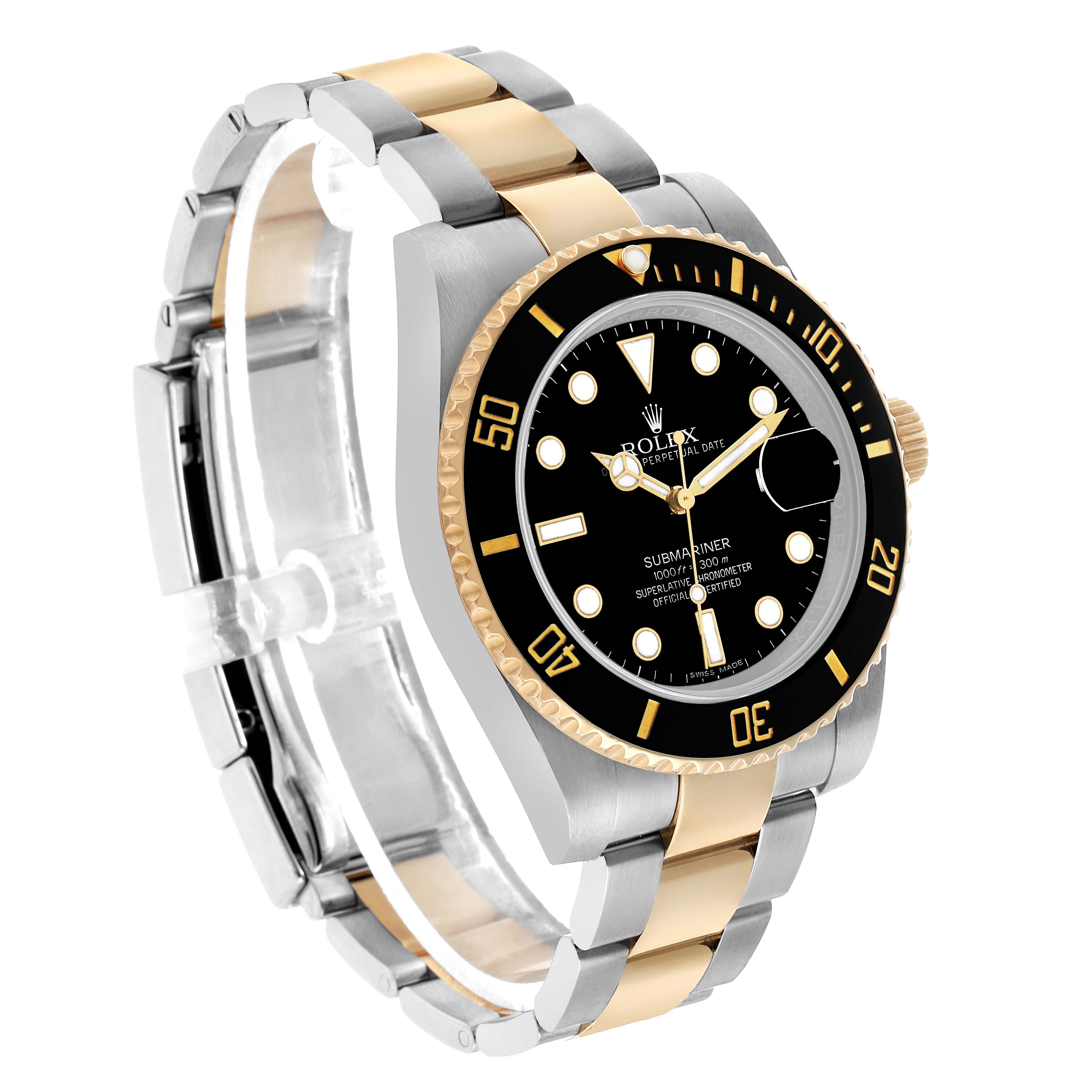 The Rolex Submariner 116613 Men's Steel and Gold (two tone) Black Dial watch is shown at a side angle with focus on the face, bezel, and two-tone bracelet.