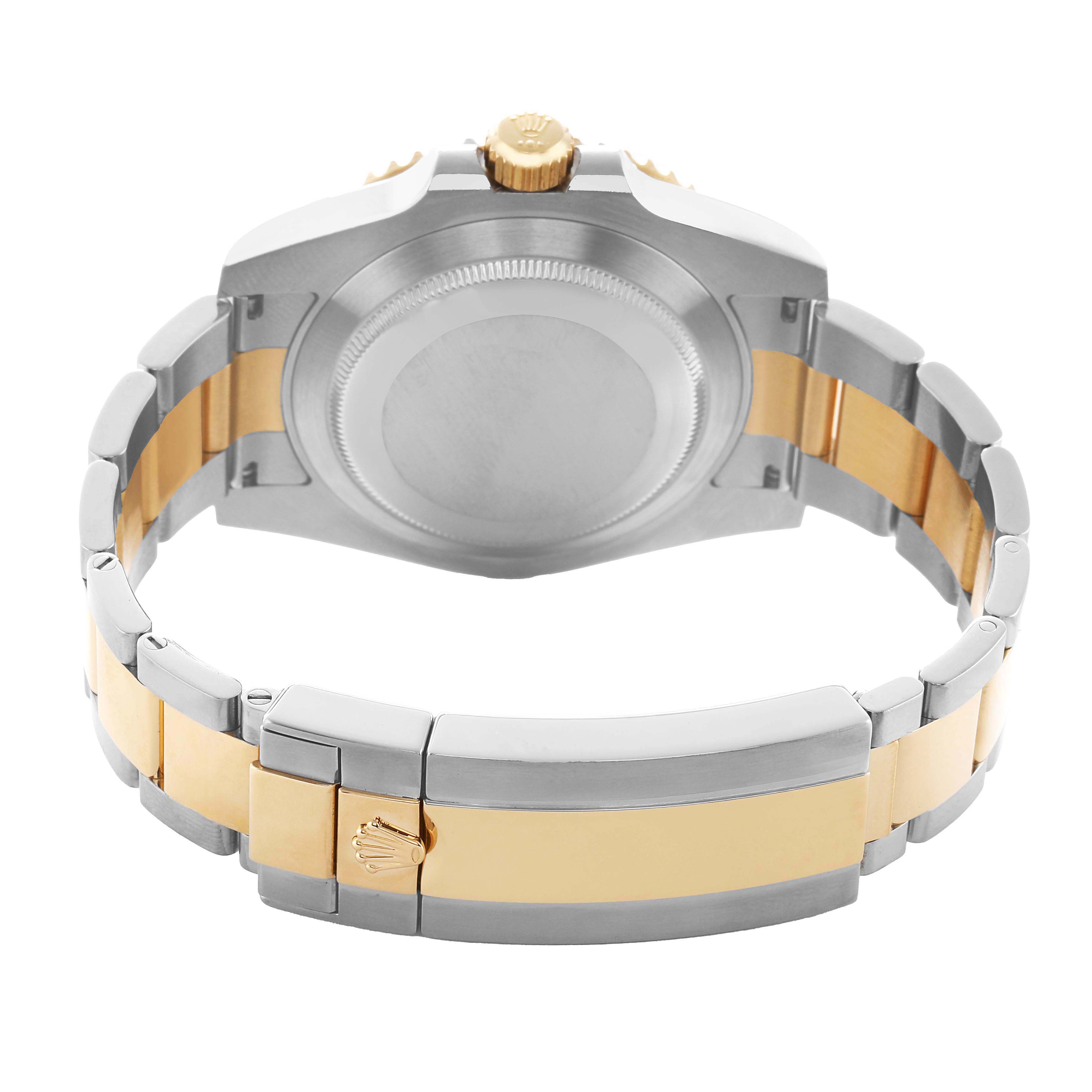 The image shows the back of the Rolex Submariner 116613 Men's Steel and Gold (two tone) Black Dial, highlighting the case back, bracelet, and clasp from a rear angle.