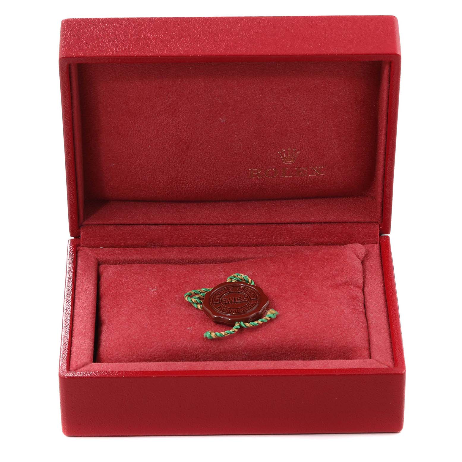 The image shows an open red Rolex box for the Yacht-Master model, containing a Rolex seal inside.