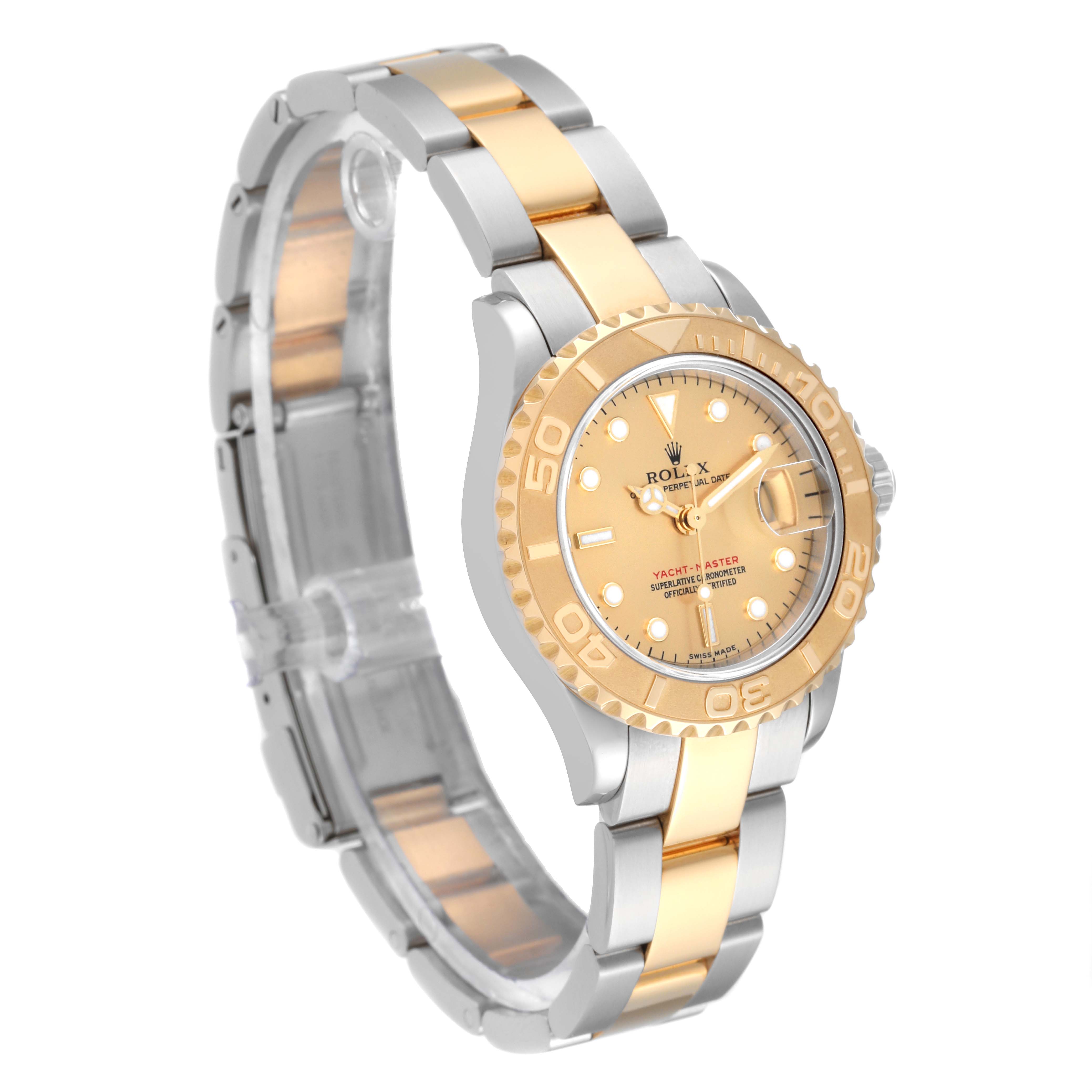 The image shows a Rolex Yacht-Master 169623 Women's Steel and Gold (two tone) Champagne Dial 169623 Women's Steel and Gold (two tone) Champagne Dial watch at an angled front view, displaying the face, bezel, and bracelet.