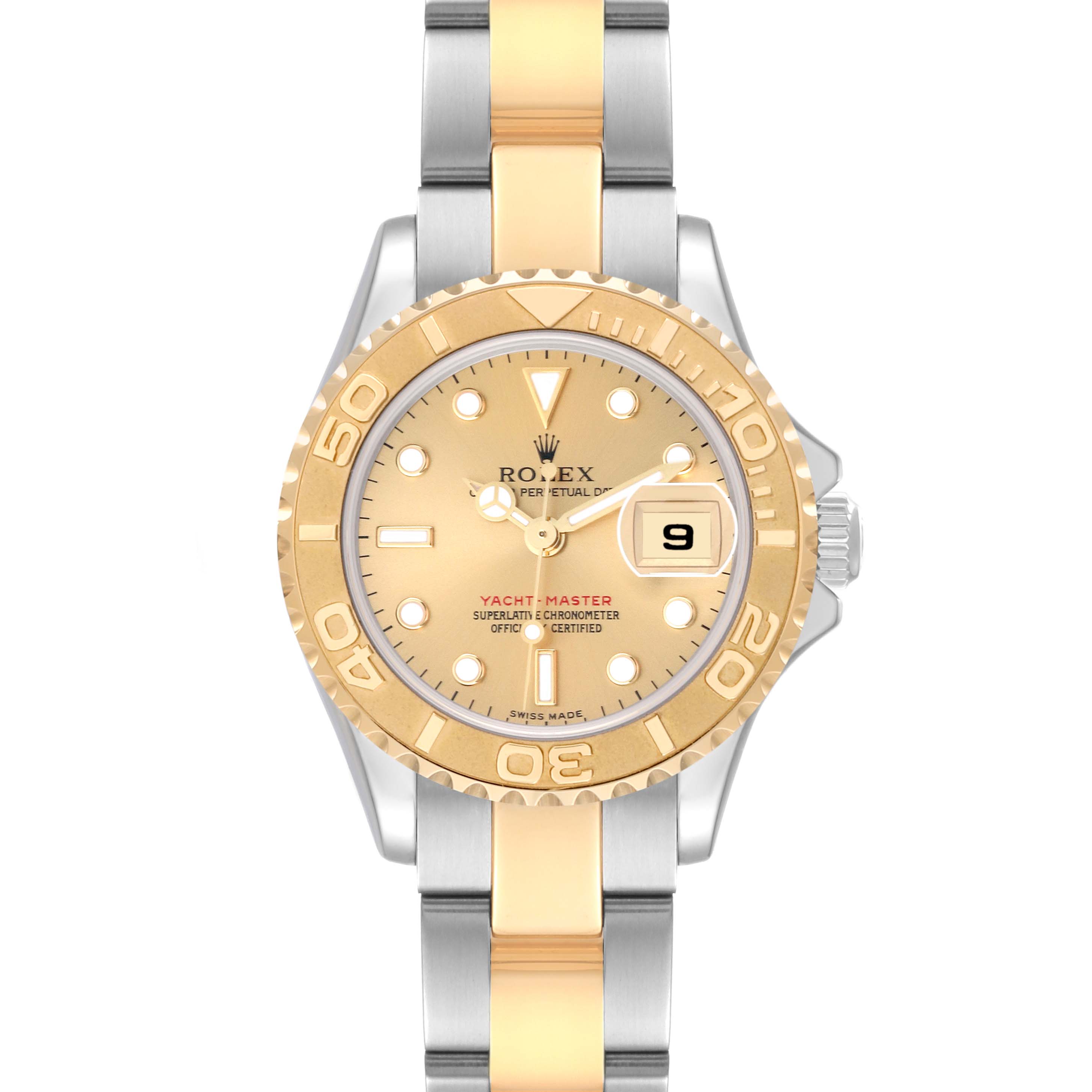 This image shows a Rolex Yacht-Master 169623 Women's Steel and Gold (two tone) Champagne Dial 169623 Women's Steel and Gold (two tone) Champagne Dial watch from a front view, highlighting the dial, bezel, and two-tone bracelet.