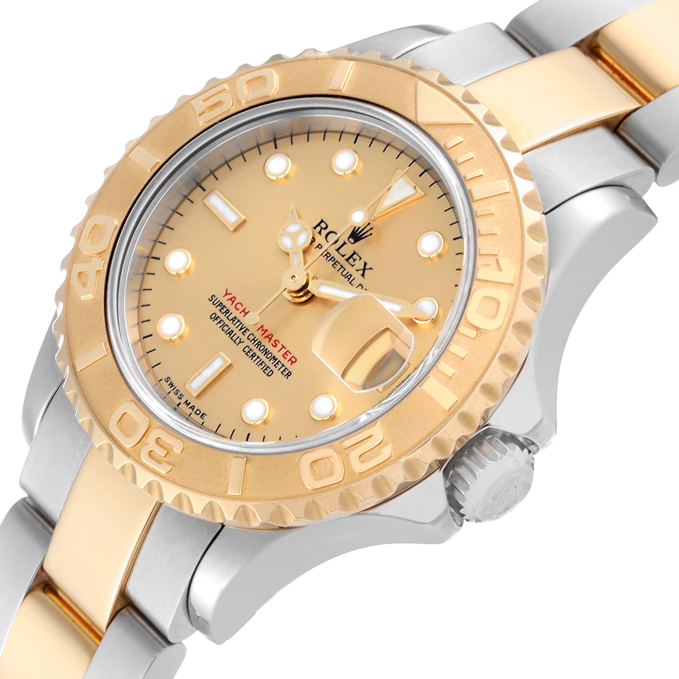 The image shows an angled view of a Rolex Yacht-Master 169623 Women's Steel and Gold (two tone) Champagne Dial 169623 Women's Steel and Gold (two tone) Champagne Dial watch with a gold and silver two-tone band.