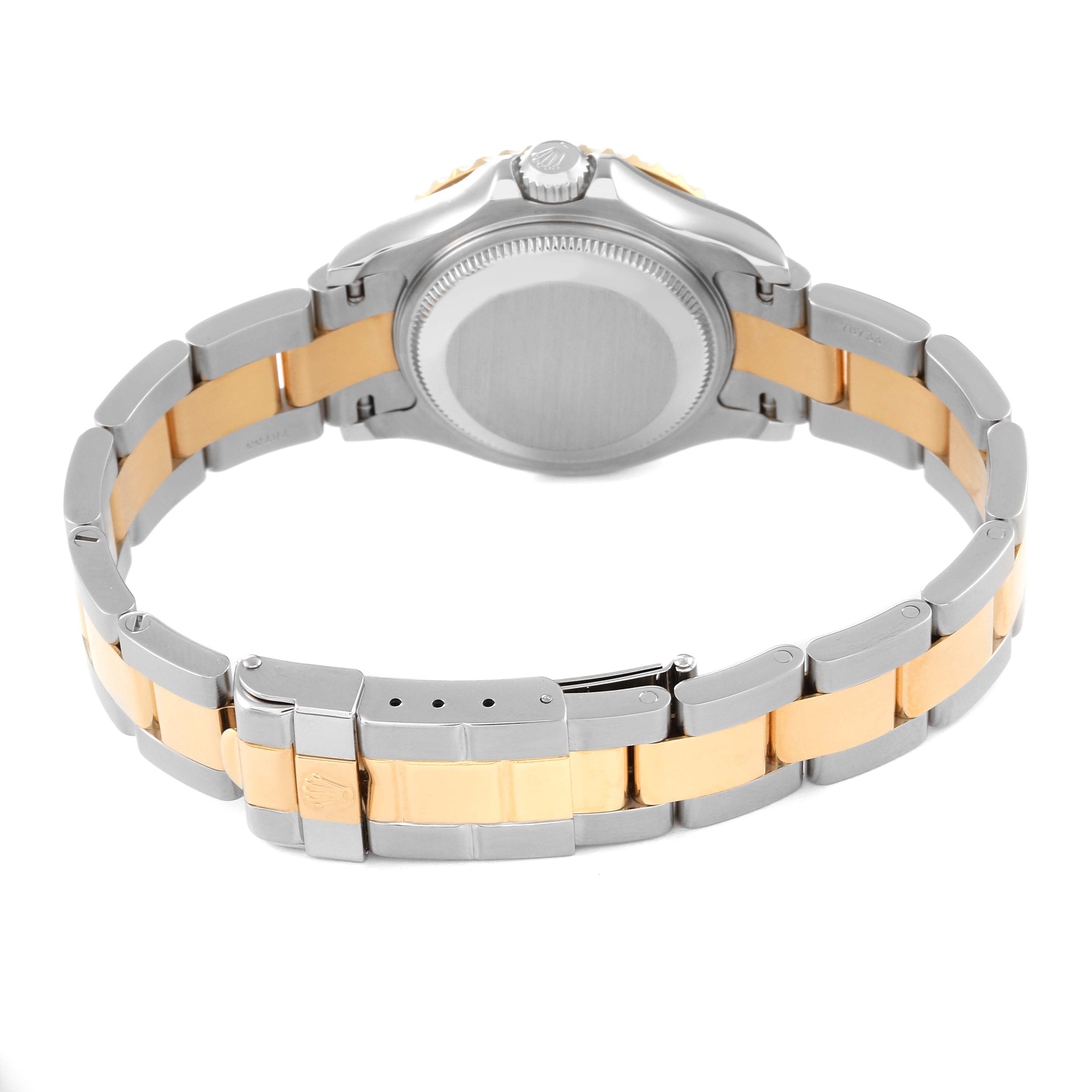 The image shows the back view of the Rolex Yacht-Master 169623 Women's Steel and Gold (two tone) Champagne Dial 169623 Women's Steel and Gold (two tone) Champagne Dial watch showcasing the case back and bi-metal bracelet.