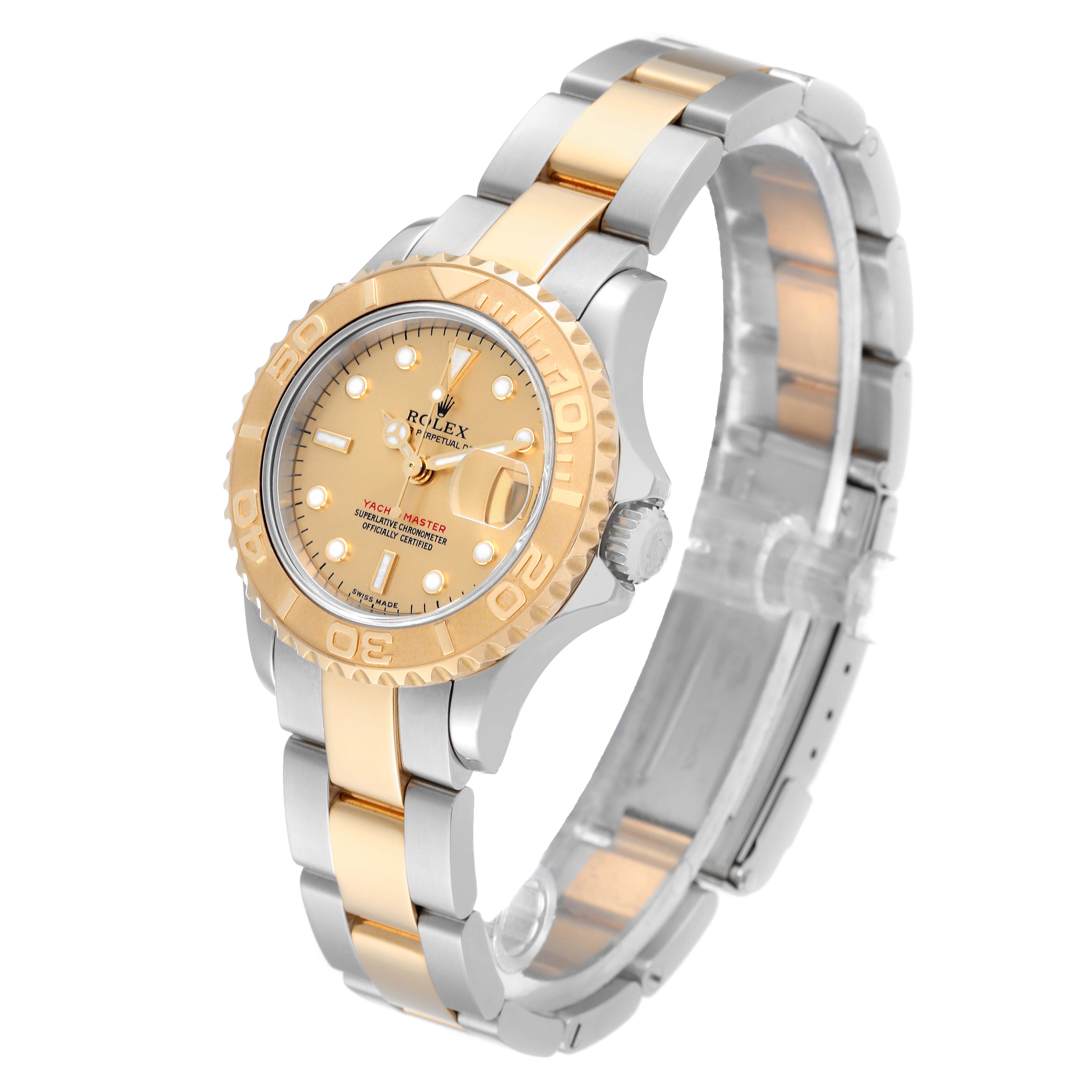 The Rolex Yacht-Master 169623 Women's Steel and Gold (two tone) Champagne Dial 169623 Women's Steel and Gold (two tone) Champagne Dial watch is shown at a three-quarter angle, highlighting its gold dial, bezel, and two-tone bracelet.