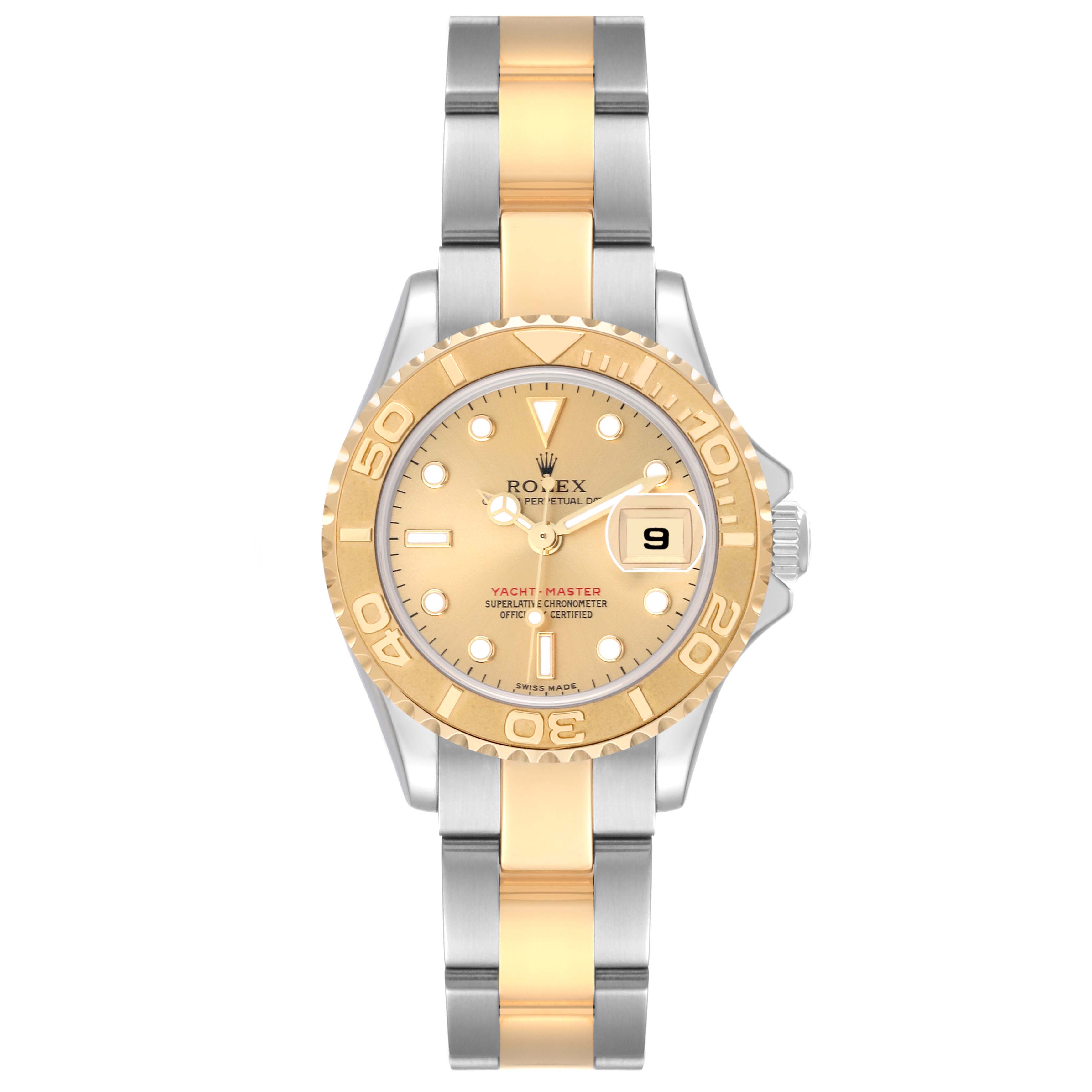 This image shows a frontal view of a Rolex Yacht-Master 169623 Women's Steel and Gold (two tone) Champagne Dial 169623 Women's Steel and Gold (two tone) Champagne Dial watch, highlighting its gold and silver bracelet and bezel with a date display.