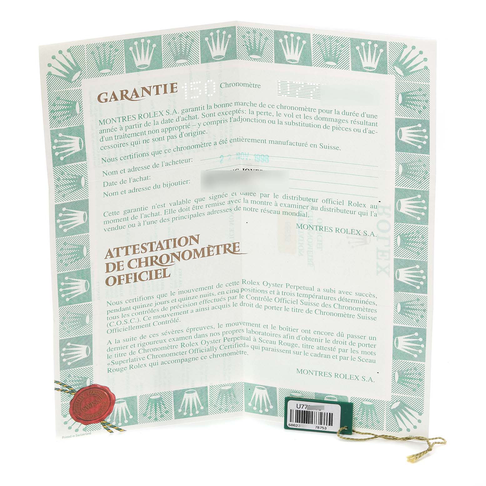 This image shows the unfolded warranty card and official chronometer certification for the Yacht-Master model by Rolex.