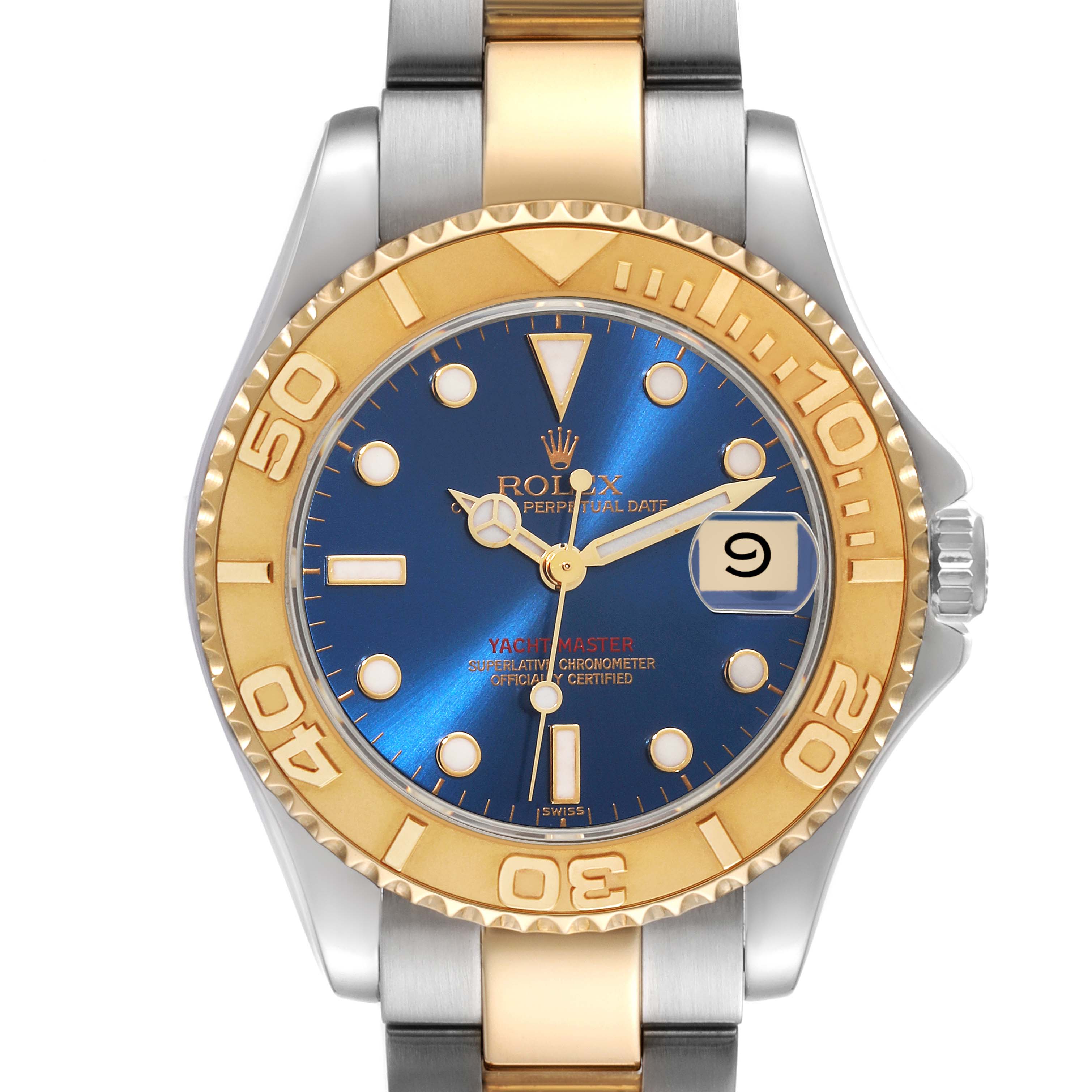 The image shows a front view of the Rolex Yacht-Master 68623 Men's Steel and Gold (two tone) Blue Dial 68623 Men's Steel and Gold (two tone) Blue Dial, highlighting the blue dial, gold bezel, and two-tone bracelet.