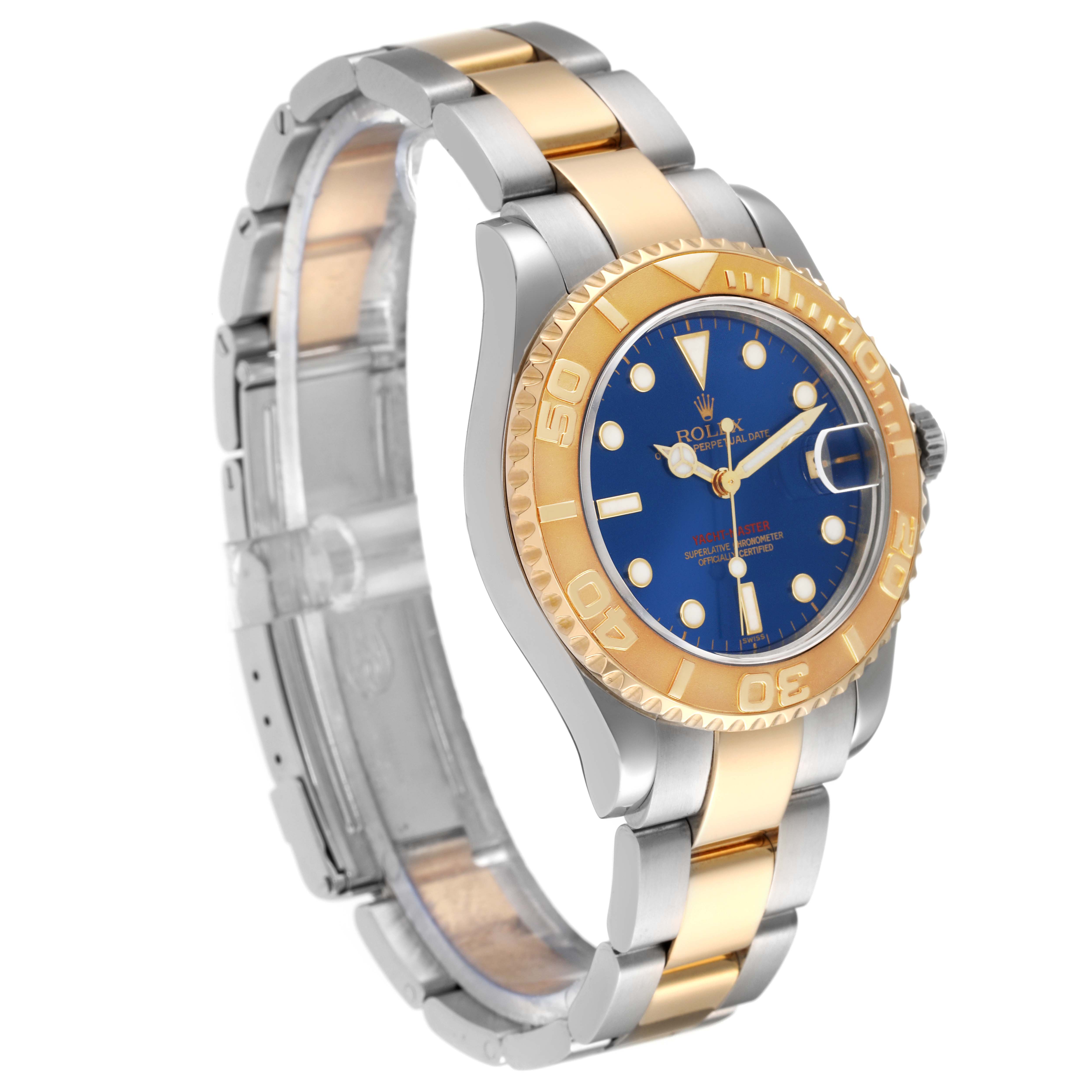 The Rolex Yacht-Master 68623 Men's Steel and Gold (two tone) Blue Dial 68623 Men's Steel and Gold (two tone) Blue Dial watch is shown at a slight angle, highlighting the two-tone metal band, blue dial, and gold bezel.