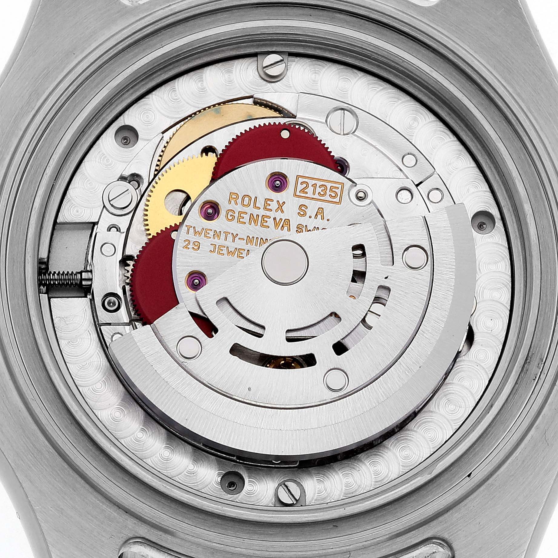 The image shows the internal mechanism of the Rolex Yacht-Master 68623 Men's Steel and Gold (two tone) Blue Dial 68623 Men's Steel and Gold (two tone) Blue Dial watch, highlighting the movement and intricacies from a straight-on angle.