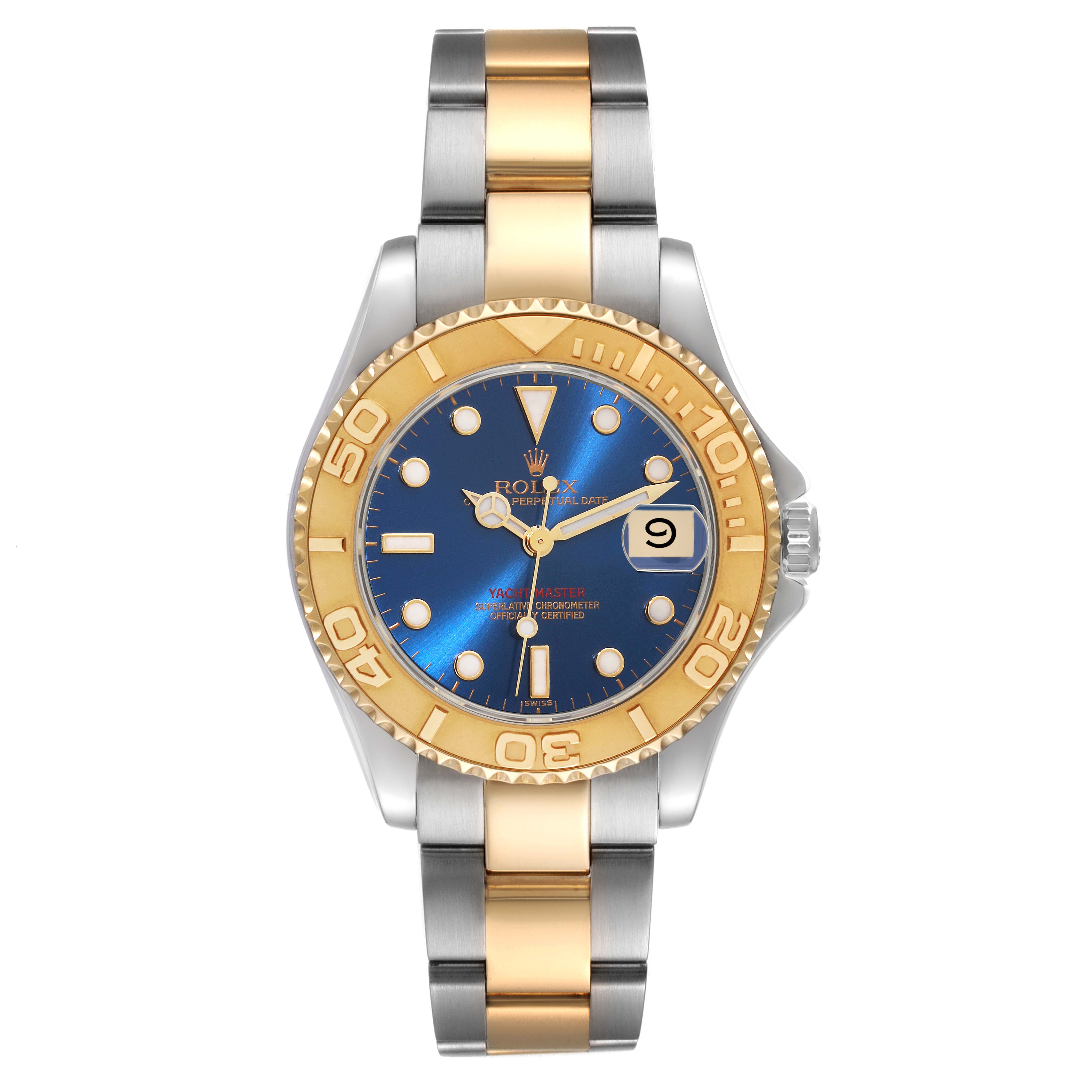 The Rolex Yacht-Master 68623 Men's Steel and Gold (two tone) Blue Dial 68623 Men's Steel and Gold (two tone) Blue Dial watch is shown from a top-down angle, displaying its blue dial, gold bezel, and two-tone bracelet.