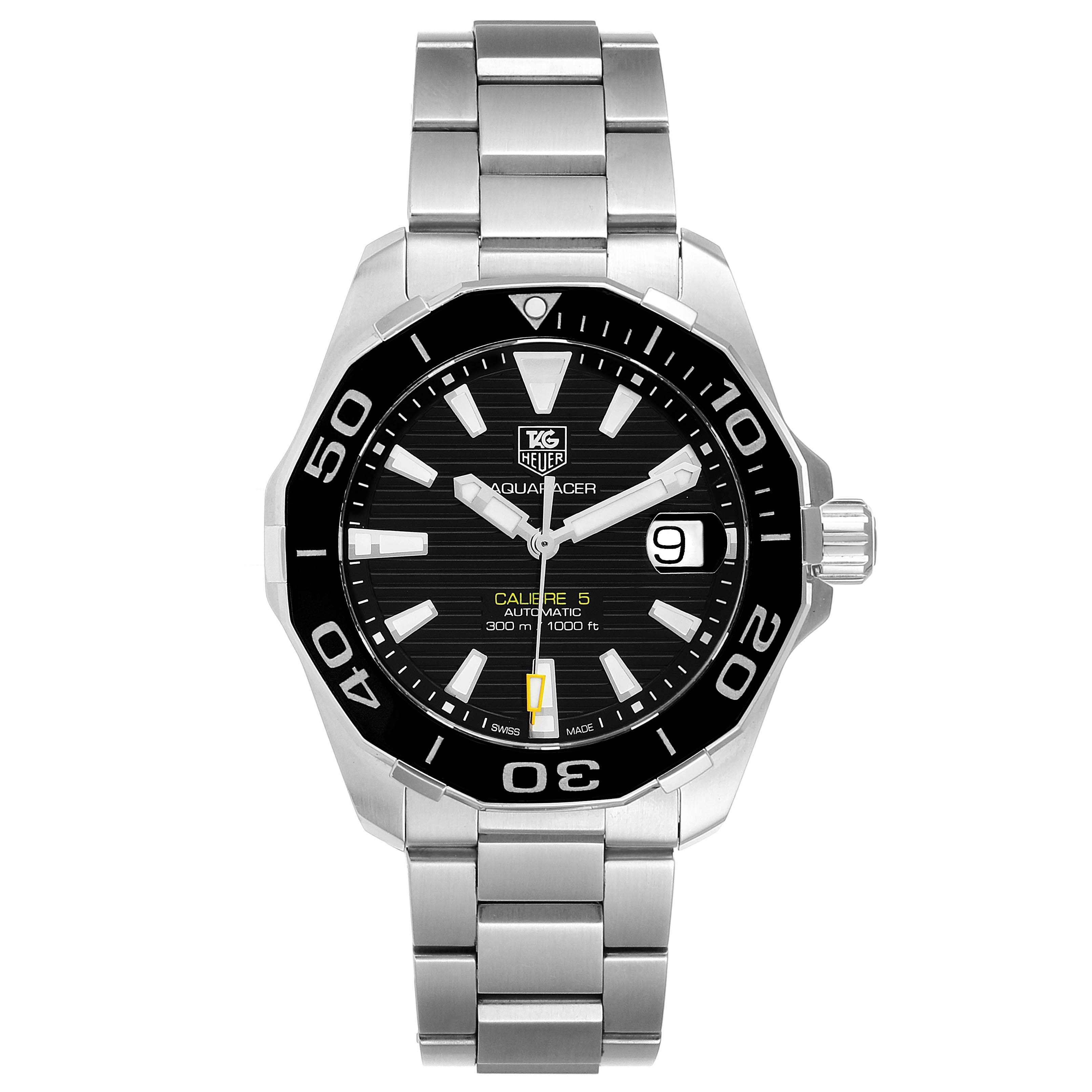 The image shows a front view of the Tag Heuer Aquaracer WAY211A Men's Stainless Steel Black Dial WAY211A Men's Stainless Steel Black Dial watch, featuring its stainless steel band and black dial.