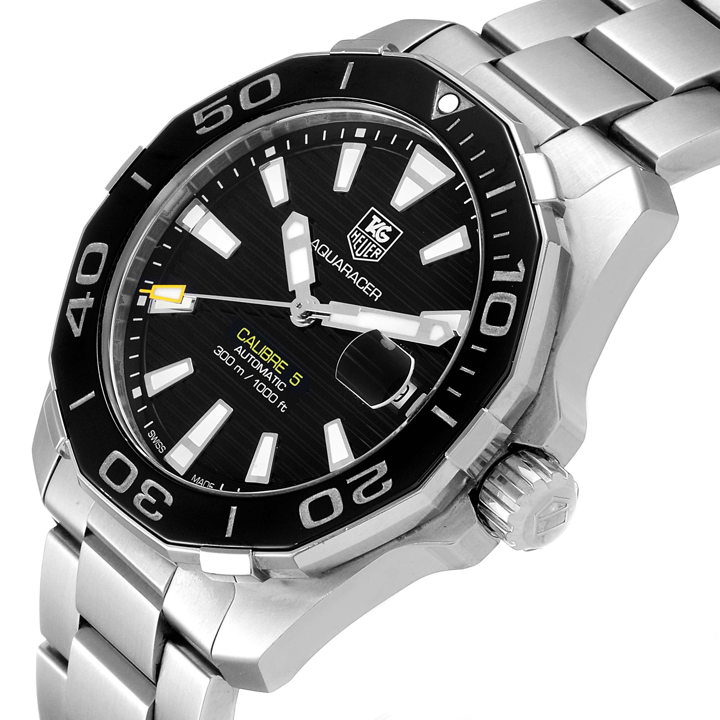 The image shows a Tag Heuer Aquaracer WAY211A Men's Stainless Steel Black Dial WAY211A Men's Stainless Steel Black Dial watch at a slight angle, highlighting the face, bezel, and part of the bracelet.