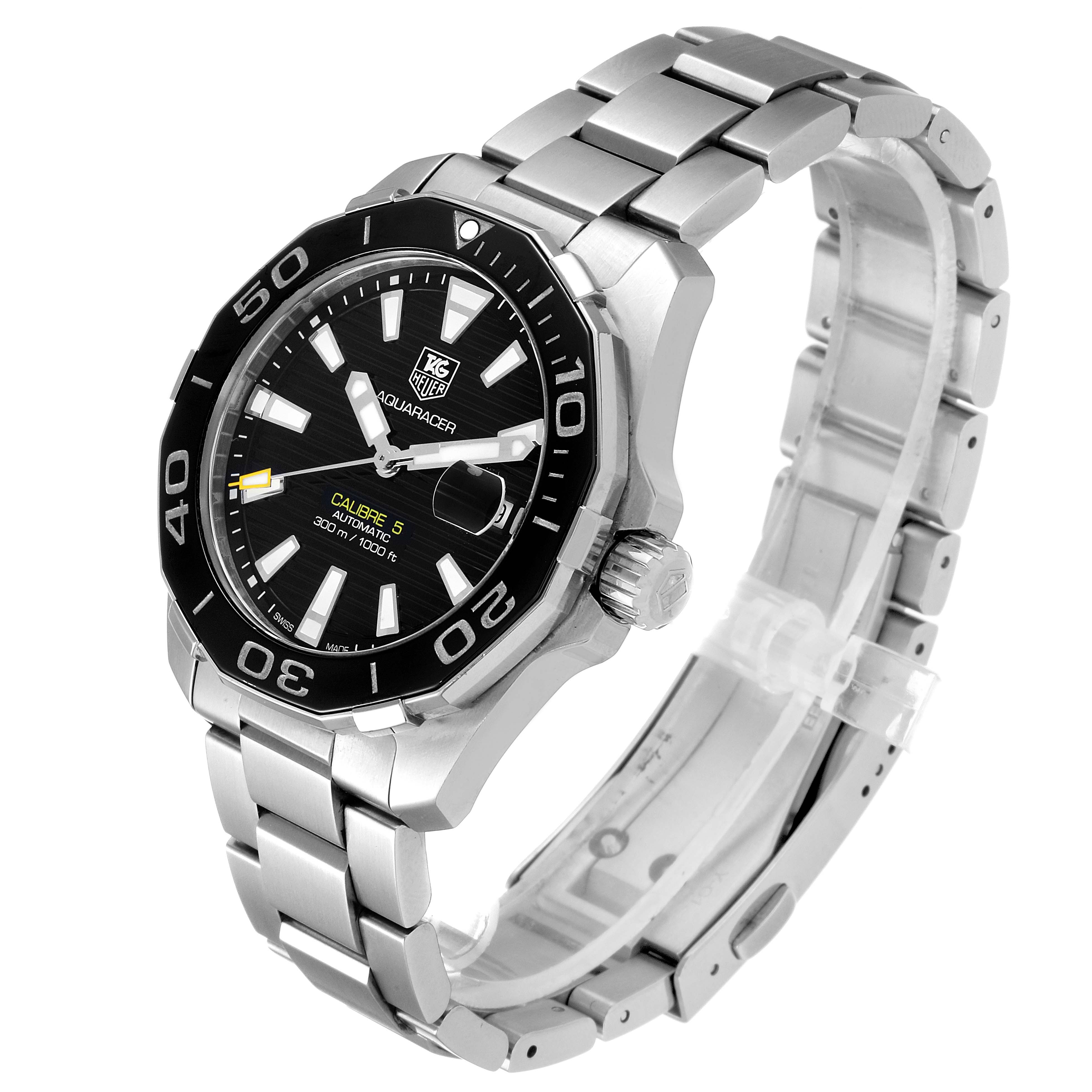 The image shows a side-angle view of a Tag Heuer Aquaracer WAY211A Men's Stainless Steel Black Dial WAY211A Men's Stainless Steel Black Dial, featuring its stainless steel bracelet and black dial.