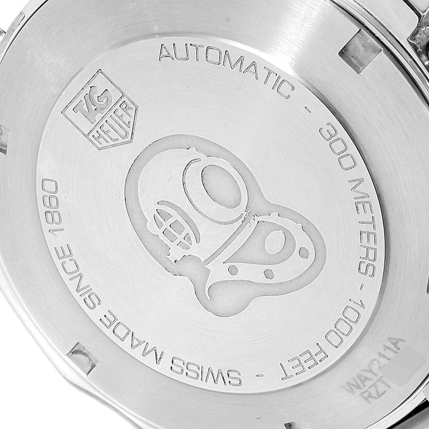 This is the case back of a Tag Heuer Aquaracer WAY211A Men's Stainless Steel Black Dial WAY211A Men's Stainless Steel Black Dial watch, showcasing its automatic movement and 300 meters water resistance.