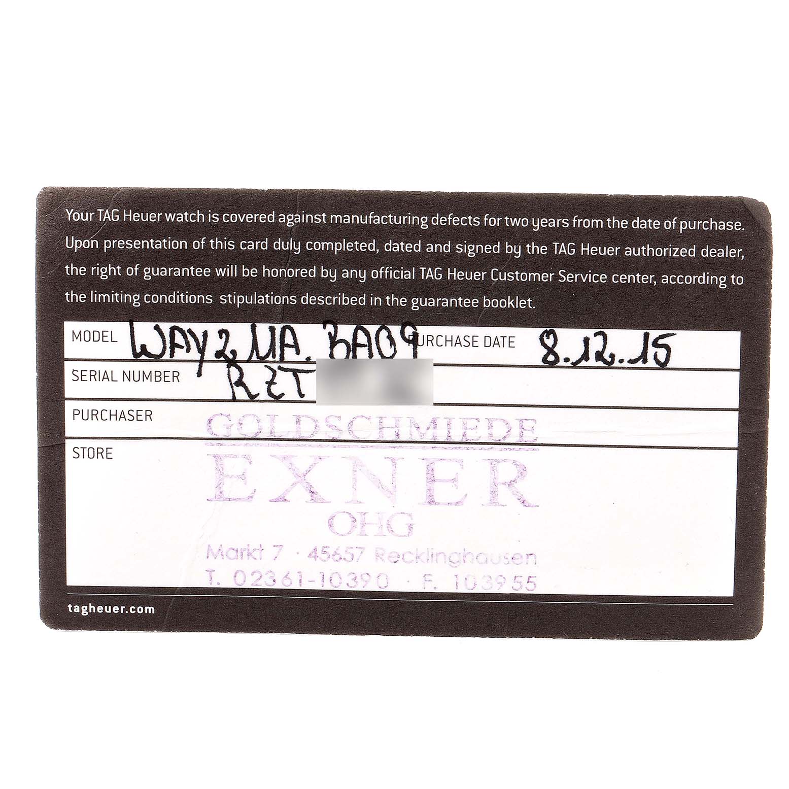 This is a warranty card for a Tag Heuer Aquaracer WAY211A Men's Stainless Steel Black Dial WAY211A Men's Stainless Steel Black Dial watch, showing the model, serial number, purchase date, purchaser, and store details.