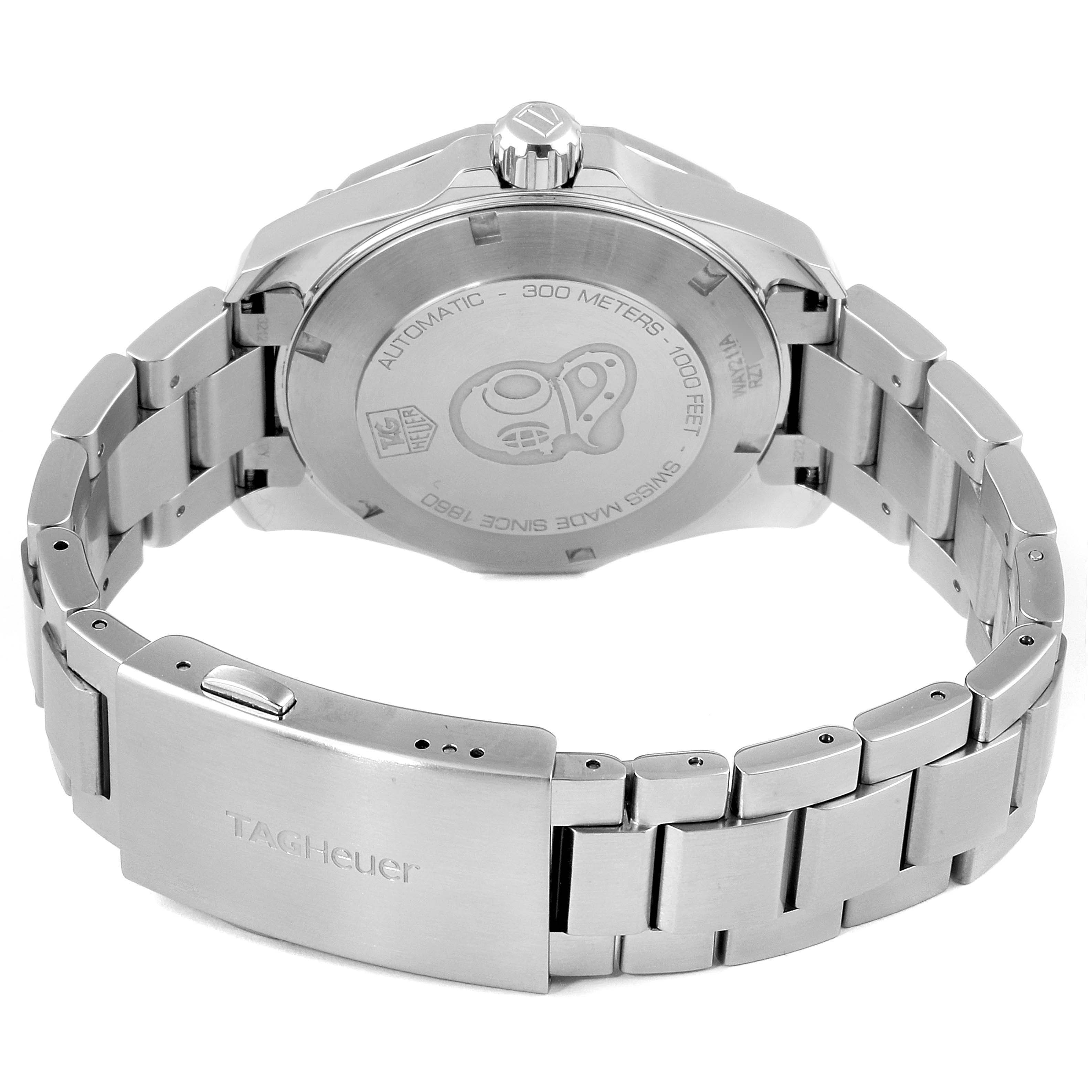 The image shows the back view of a Tag Heuer Aquaracer WAY211A Men's Stainless Steel Black Dial WAY211A Men's Stainless Steel Black Dial watch, featuring its closed clasp and back case.