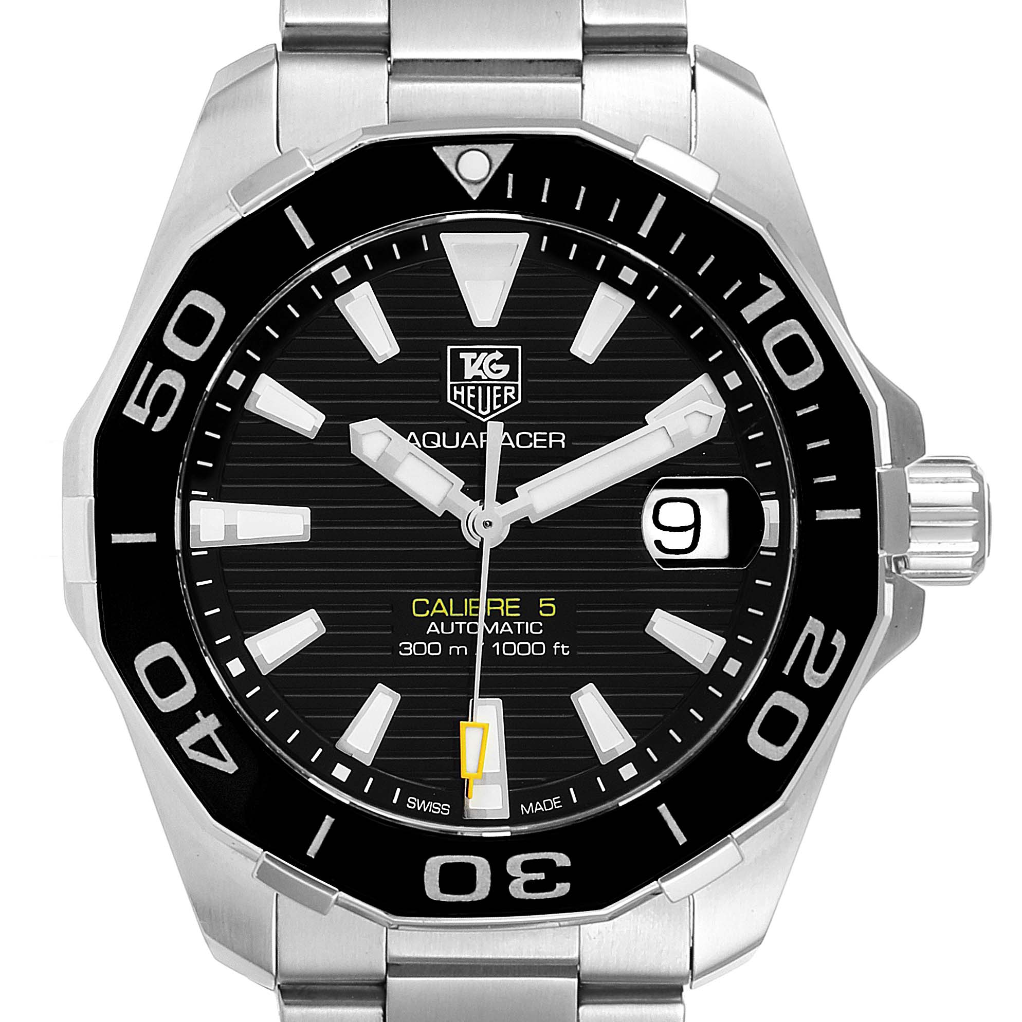 The image shows a straight-on view of the Tag Heuer Aquaracer WAY211A Men's Stainless Steel Black Dial WAY211A Men's Stainless Steel Black Dial watch, highlighting its bezel, dial, hands, and date window.