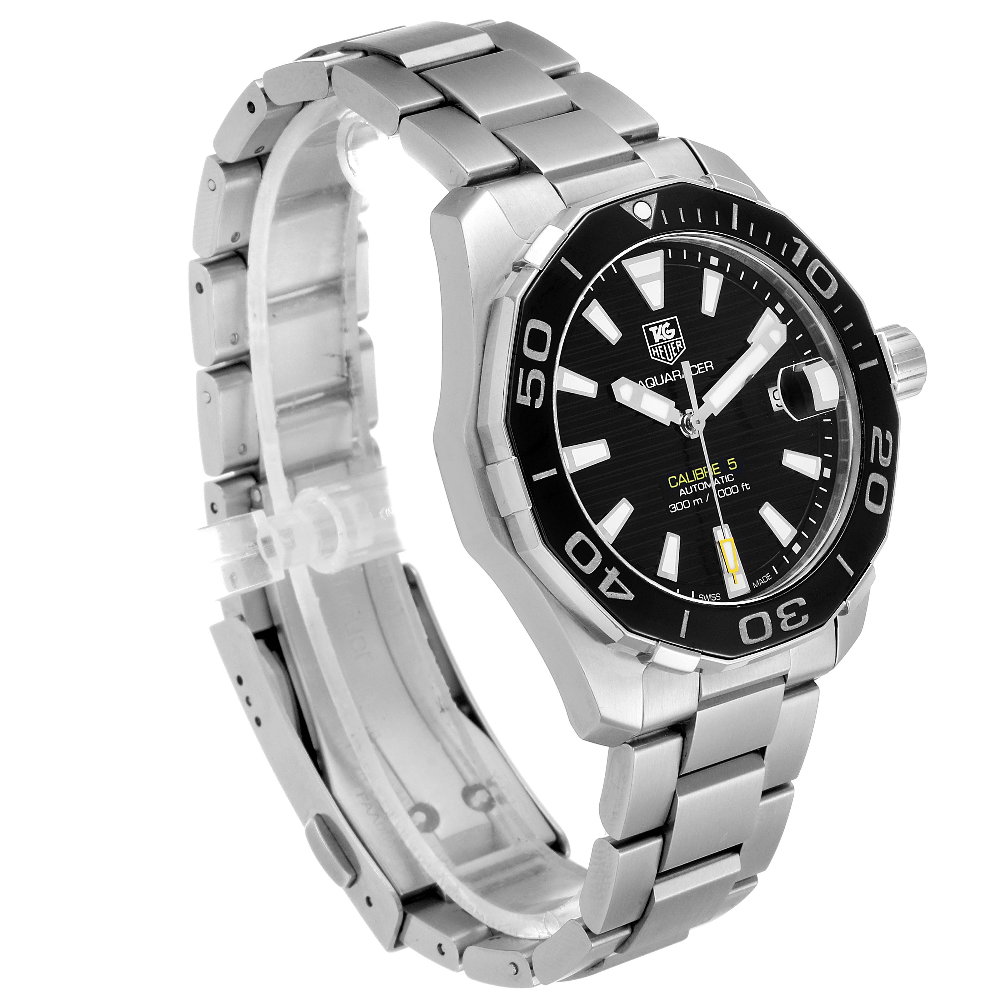 The image shows a Tag Heuer Aquaracer WAY211A Men's Stainless Steel Black Dial WAY211A Men's Stainless Steel Black Dial watch at an angle displaying the face, bezel, crown, and stainless steel bracelet.
