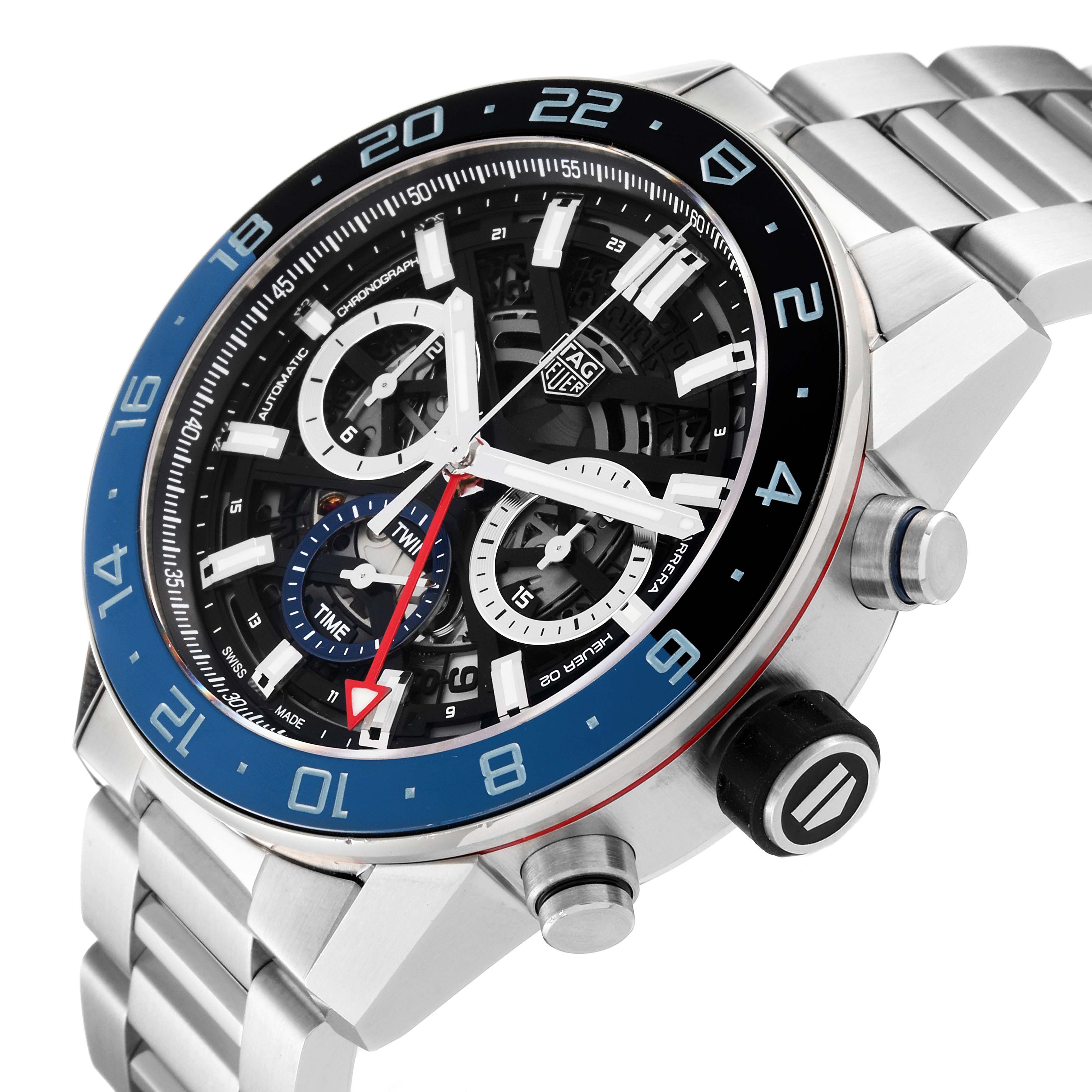 The Tag Heuer Carrera CBG2A1Z.BA0658 Men's Stainless Steel Black Dial CBG2A1Z.BA0658 Men's Stainless Steel Black Dial watch is shown at a slight angle, highlighting the face, bezel, crown, and part of the metal bracelet.