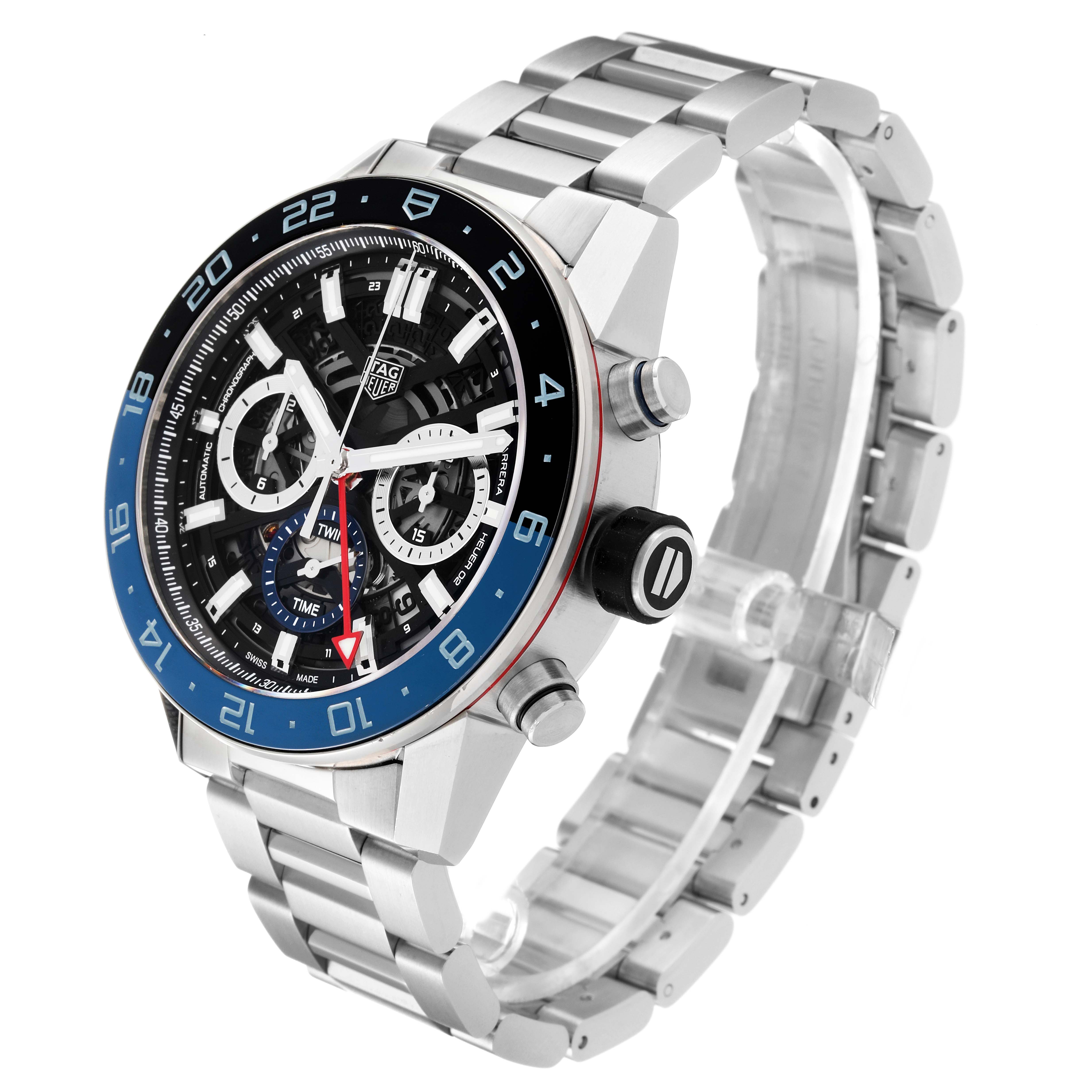 The image shows a Tag Heuer Carrera CBG2A1Z.BA0658 Men's Stainless Steel Black Dial CBG2A1Z.BA0658 Men's Stainless Steel Black Dial watch from an angled view, highlighting the face, bezel, and stainless steel bracelet.