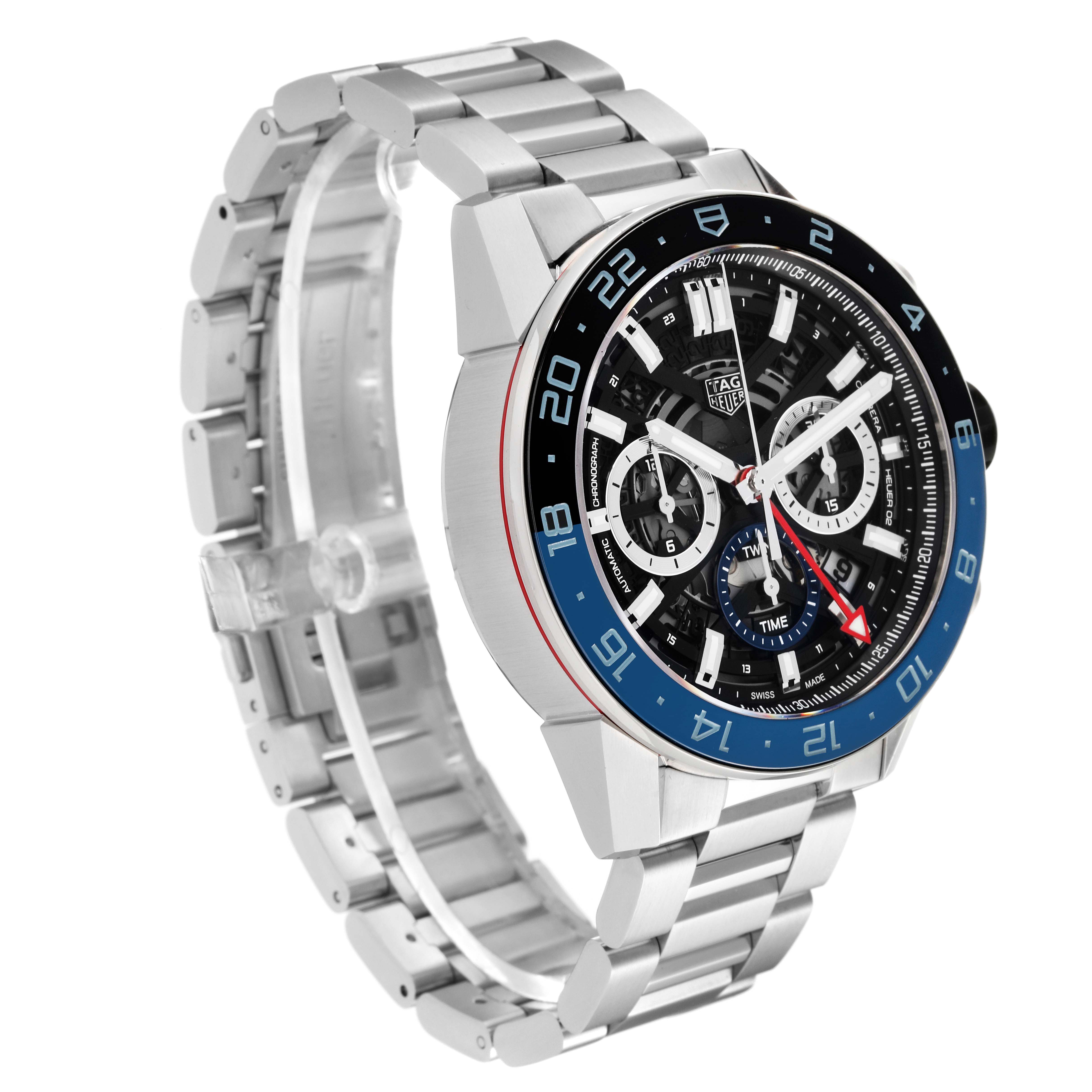 This image shows a front-side angle of a Tag Heuer Carrera CBG2A1Z.BA0658 Men's Stainless Steel Black Dial CBG2A1Z.BA0658 Men's Stainless Steel Black Dial model watch, highlighting the dial, bezel, and bracelet.