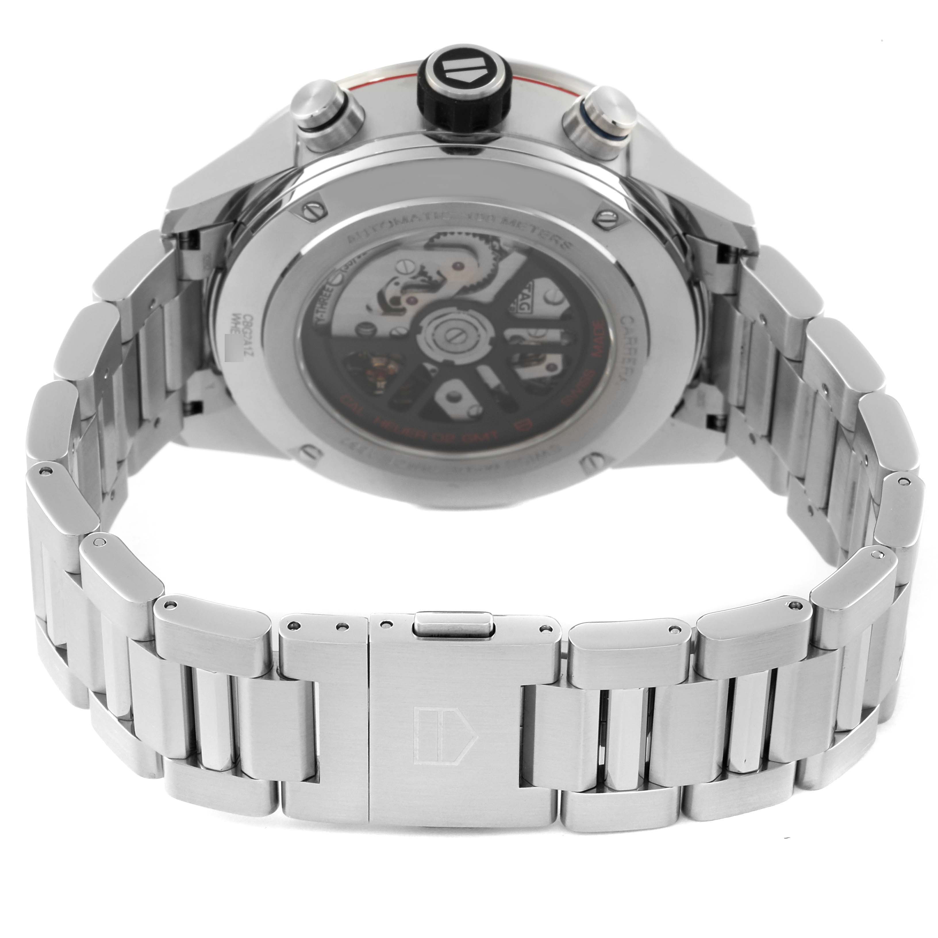 The image shows the back view of the Tag Heuer Carrera CBG2A1Z.BA0658 Men's Stainless Steel Black Dial CBG2A1Z.BA0658 Men's Stainless Steel Black Dial watch, featuring the bracelet and the transparent case back displaying the movement.