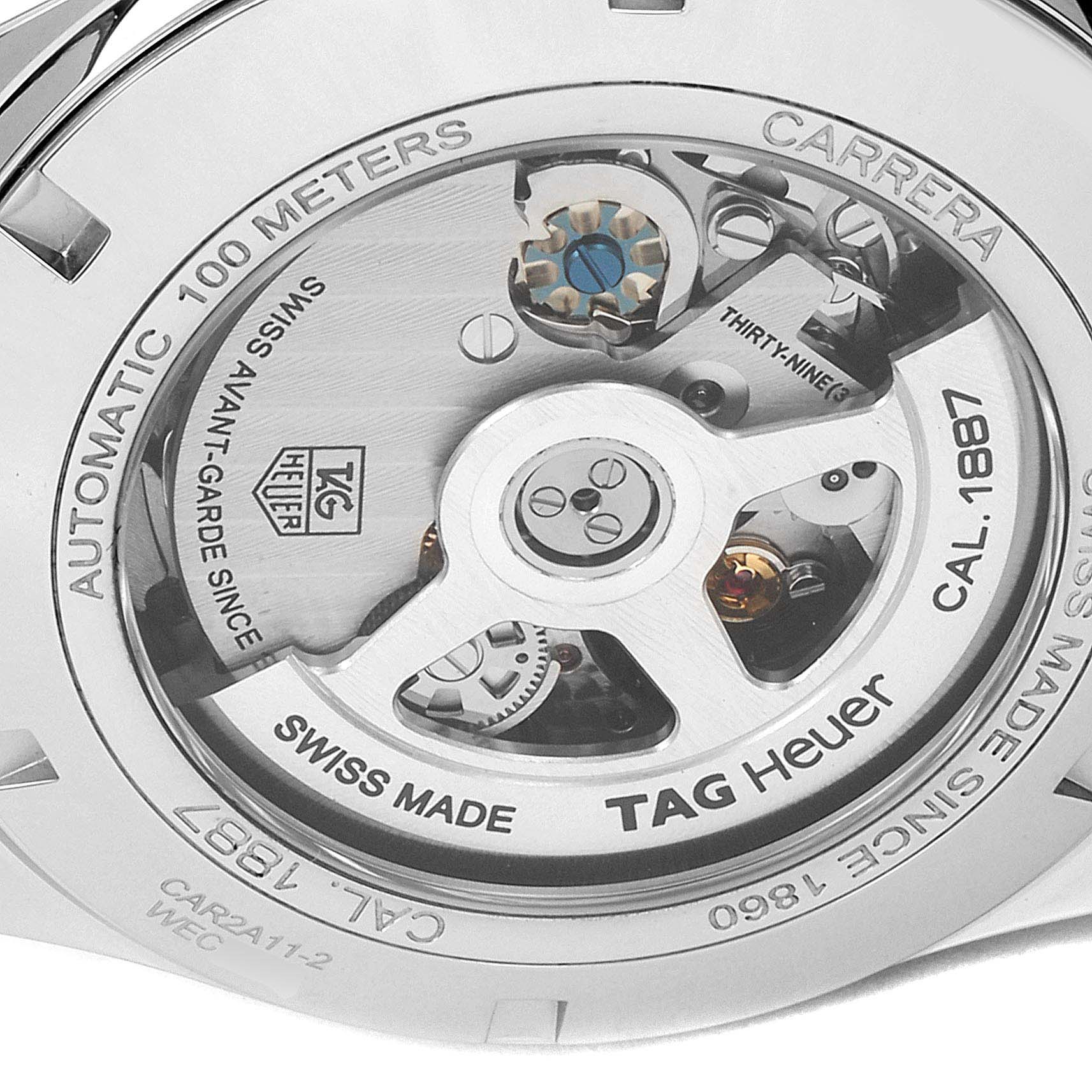This image shows the back view of the Tag Heuer Carrera CAR2A11.BA0799 Men's Stainless Steel Grey Dial CAR2A11.BA0799 Men's Stainless Steel Grey Dial watch, displaying its automatic movement and internal mechanism.