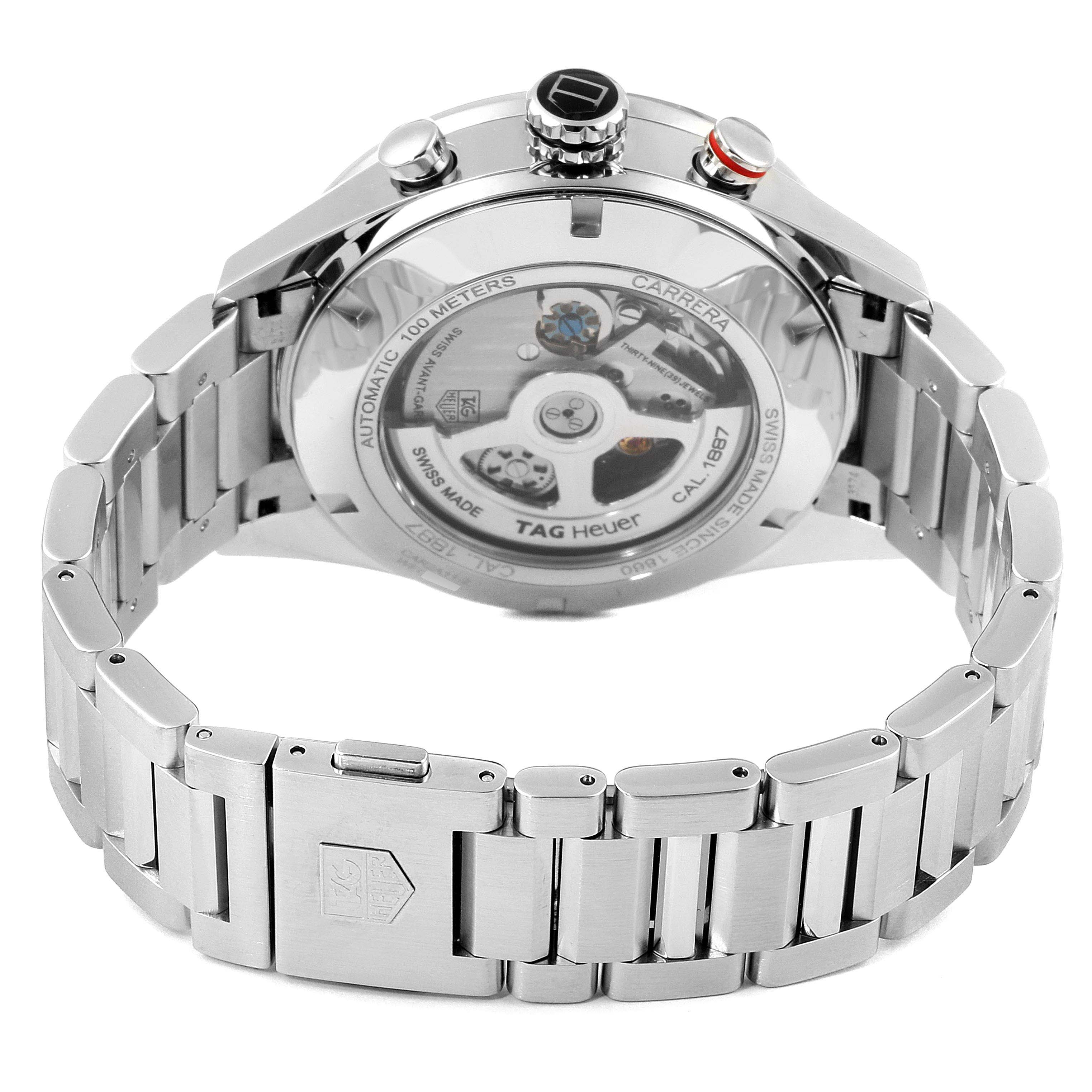 The image shows the back view of a Tag Heuer Carrera CAR2A11.BA0799 Men's Stainless Steel Grey Dial CAR2A11.BA0799 Men's Stainless Steel Grey Dial watch, highlighting the stainless steel bracelet and movement through the transparent case back.