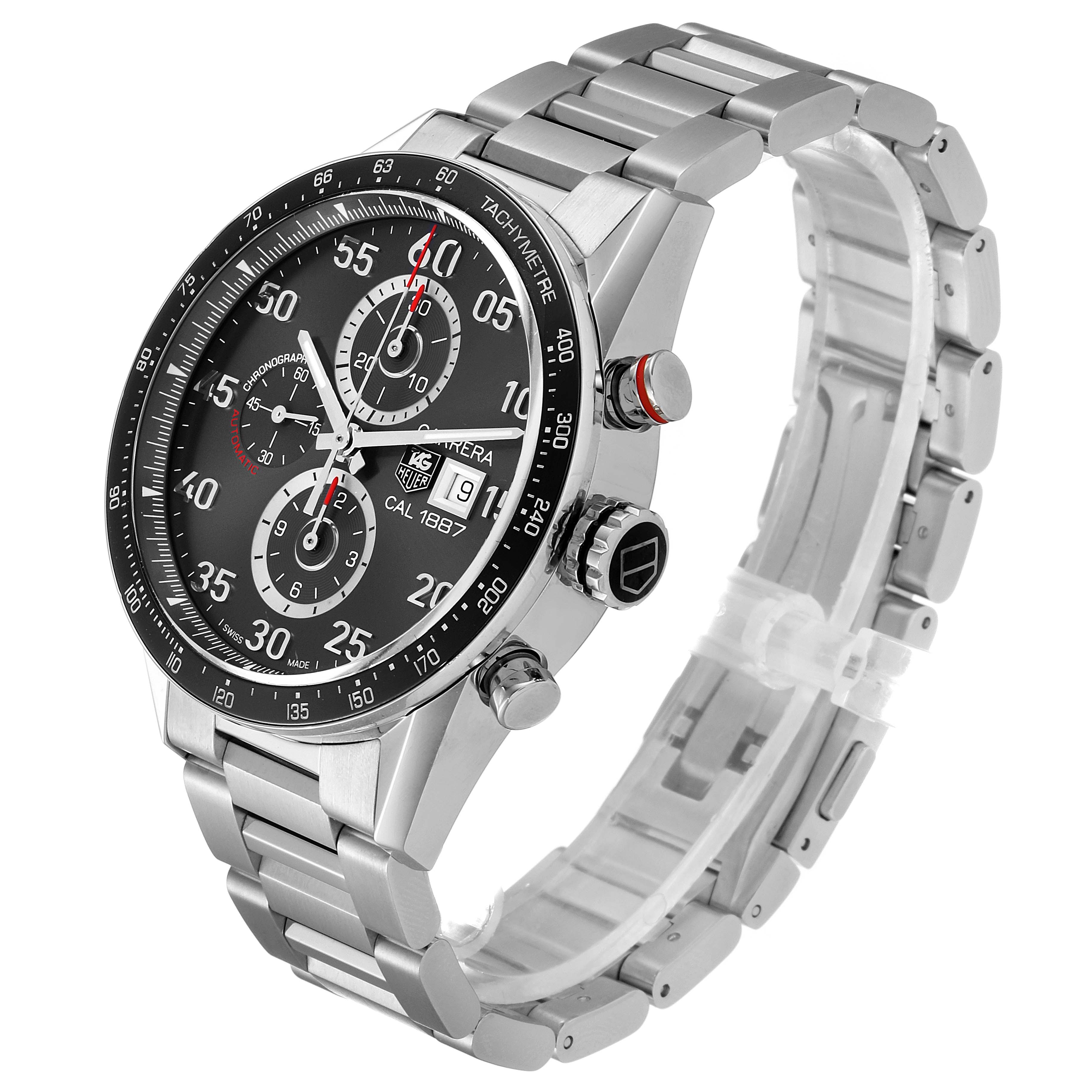 The image shows a three-quarter view of a Tag Heuer Carrera CAR2A11.BA0799 Men's Stainless Steel Grey Dial CAR2A11.BA0799 Men's Stainless Steel Grey Dial watch, highlighting the face, crown, chronograph buttons, and bracelet.