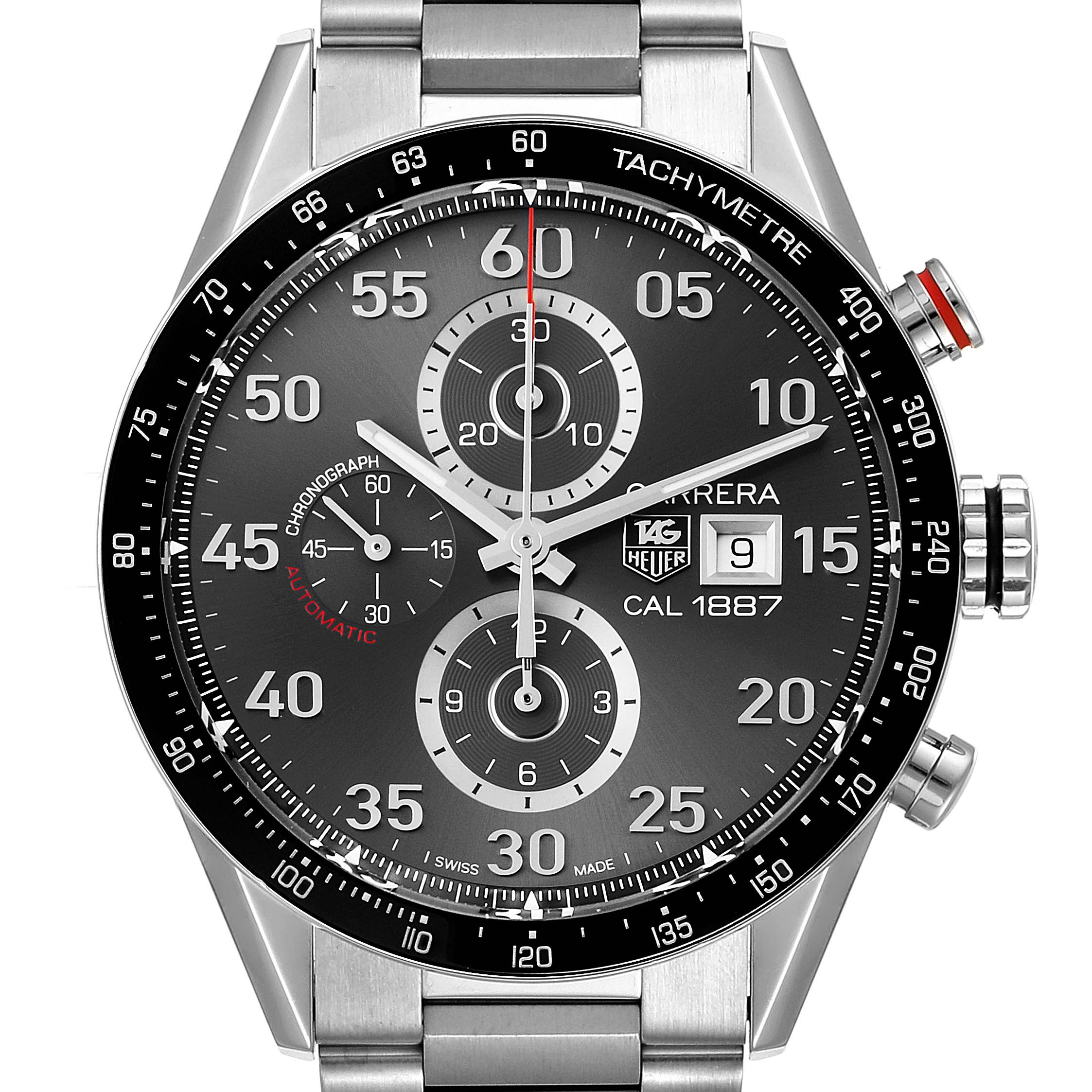 This image shows a front view of the Tag Heuer Carrera CAR2A11.BA0799 Men's Stainless Steel Grey Dial CAR2A11.BA0799 Men's Stainless Steel Grey Dial watch, highlighting the dial, hands, subdials, bezel, and date window.