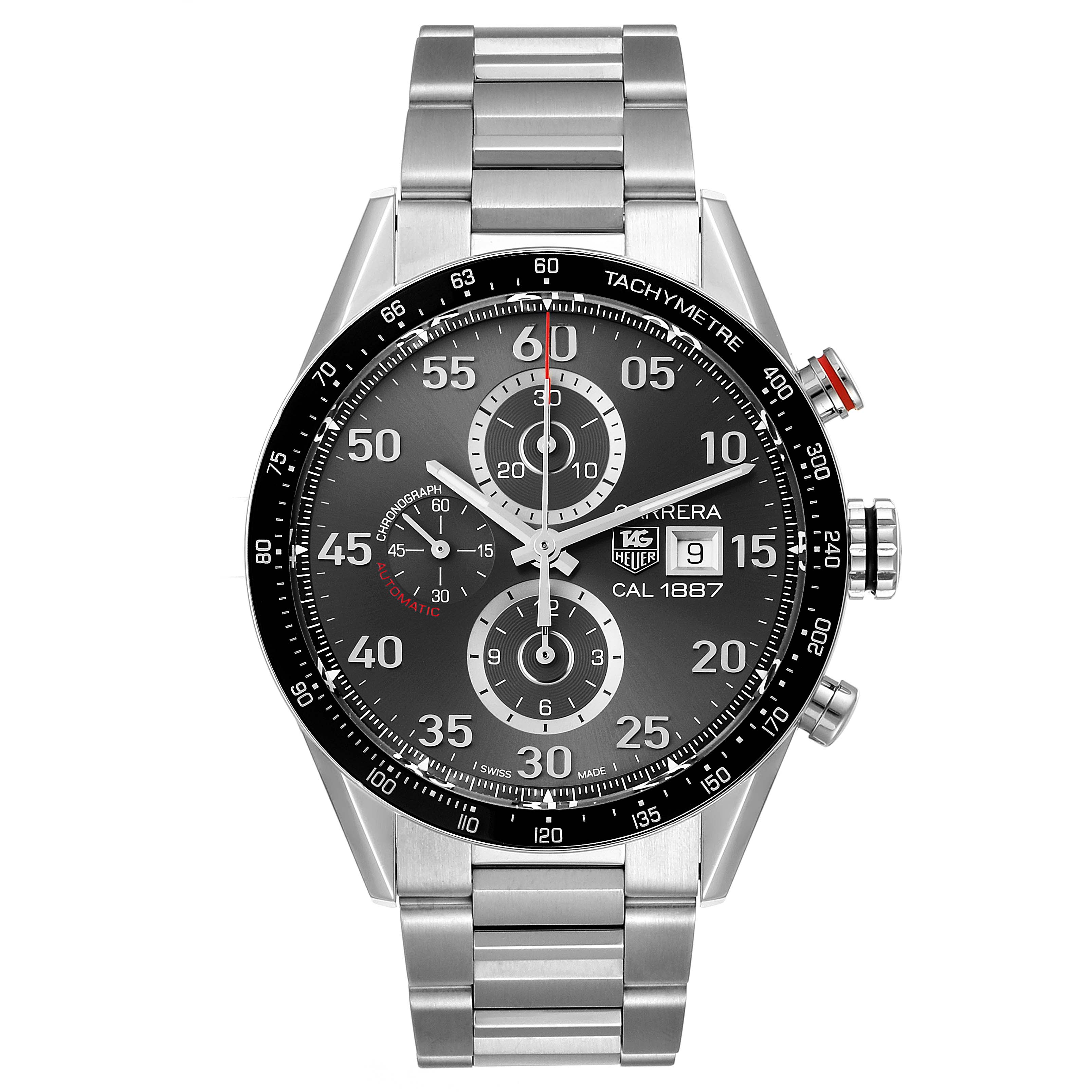The image shows a front view of a Tag Heuer Carrera CAR2A11.BA0799 Men's Stainless Steel Grey Dial CAR2A11.BA0799 Men's Stainless Steel Grey Dial watch, highlighting its dial, chronograph, date display, and stainless steel bracelet.